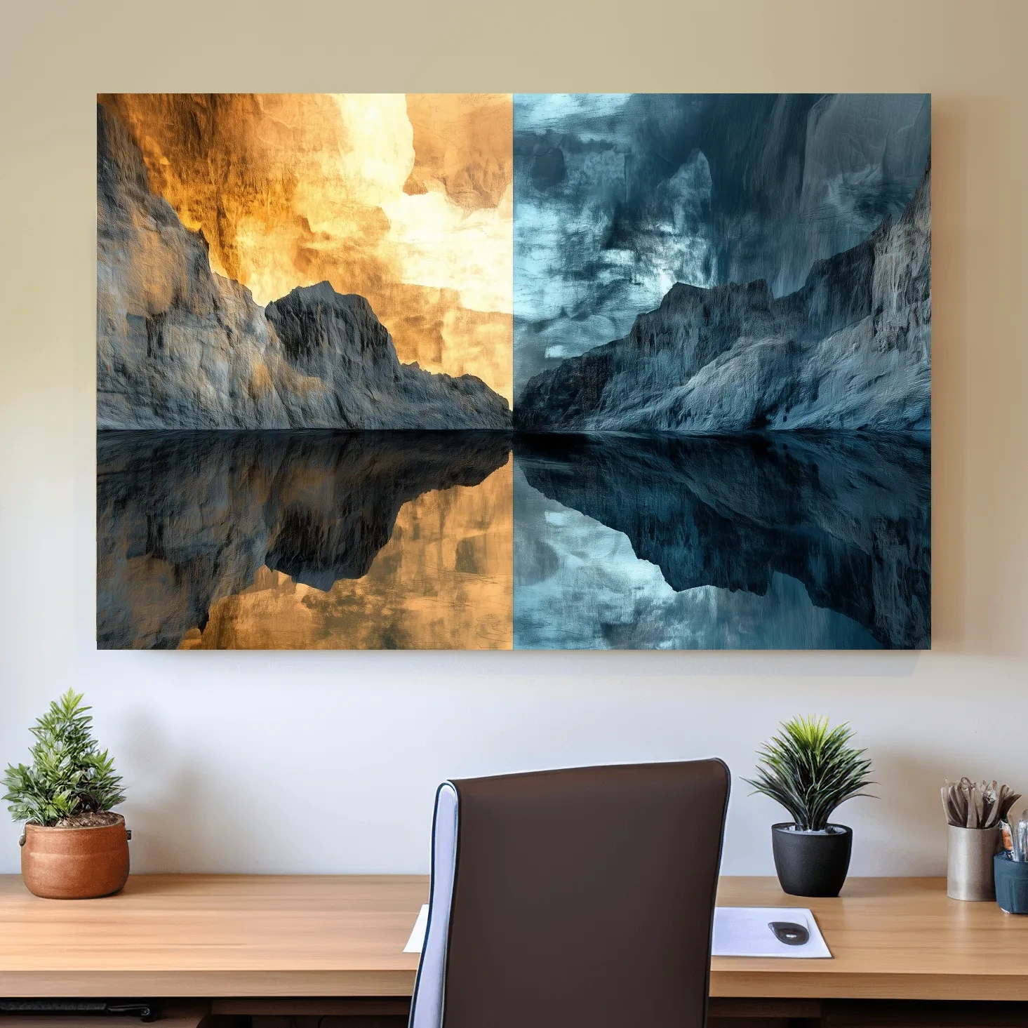 Dual tone mountain landscape artwork, fiery sunset and cool twilight reflection