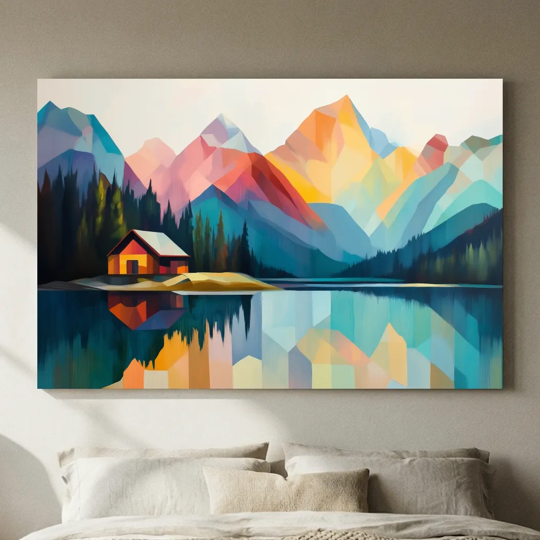Vibrant Geometric Mountain Lake Cabin - Modern Abstract Landscape Wall Art