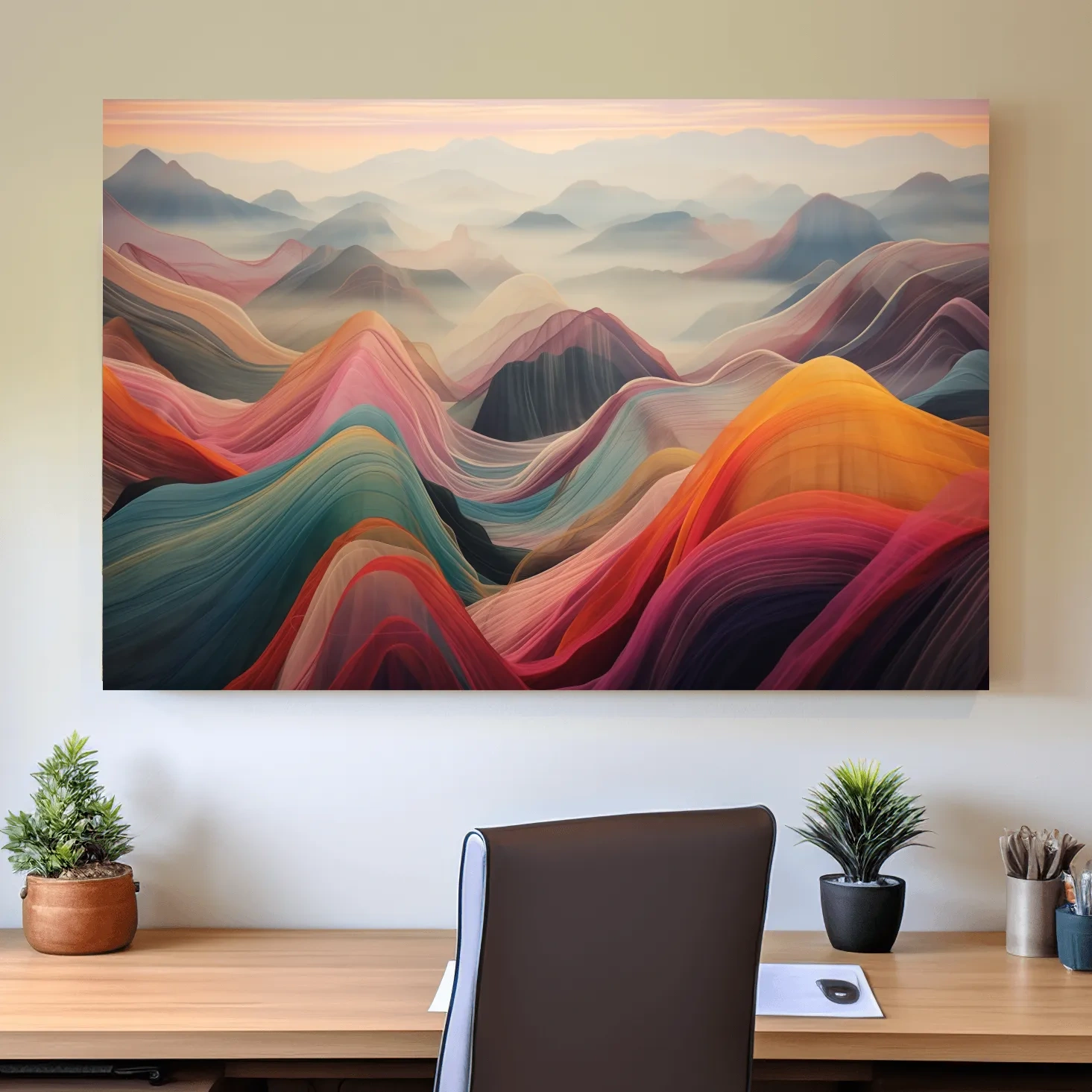 Colorful abstract mountain wall art, layered flowing waves effect