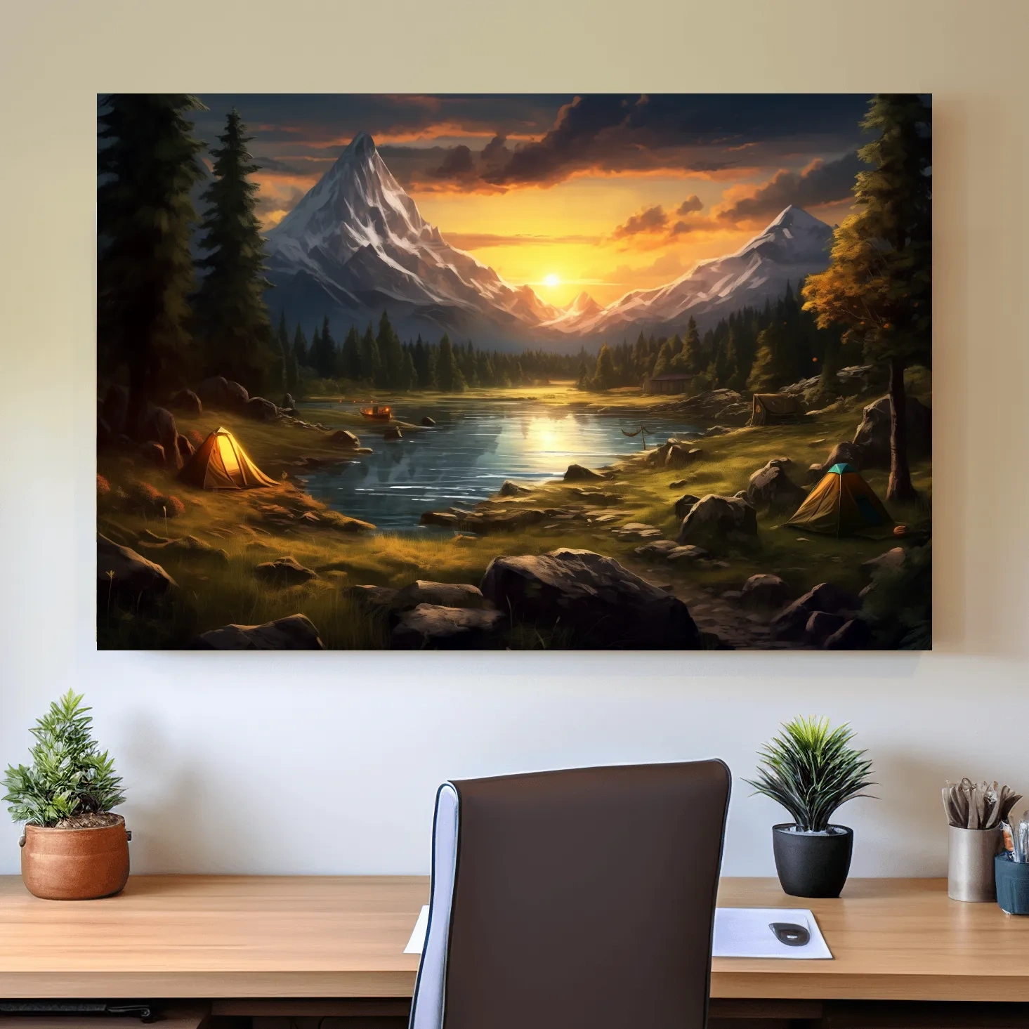 Painting of an alpine campsite by a lake at sunset, serene wall artwork