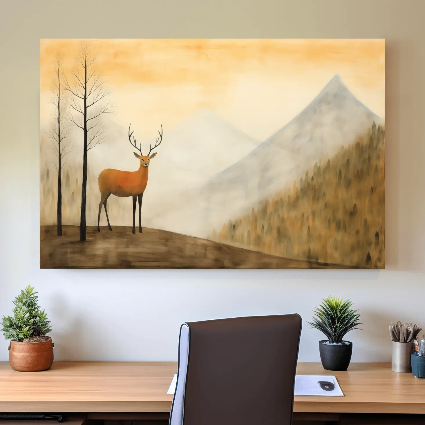 Deer standing in mountain mist, serene landscape wall artwork