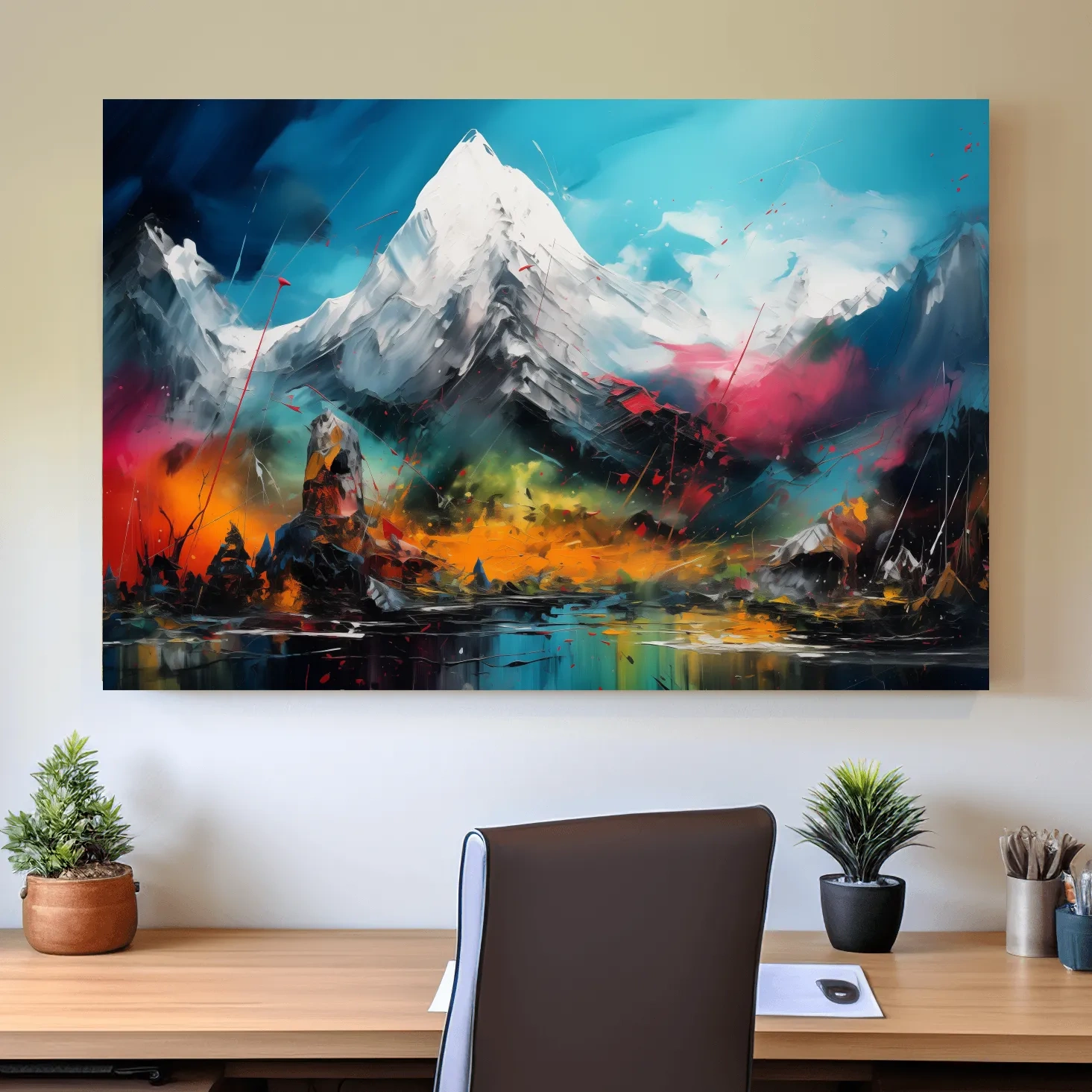 Abstract vibrant mountain wall art, impasto painting effect