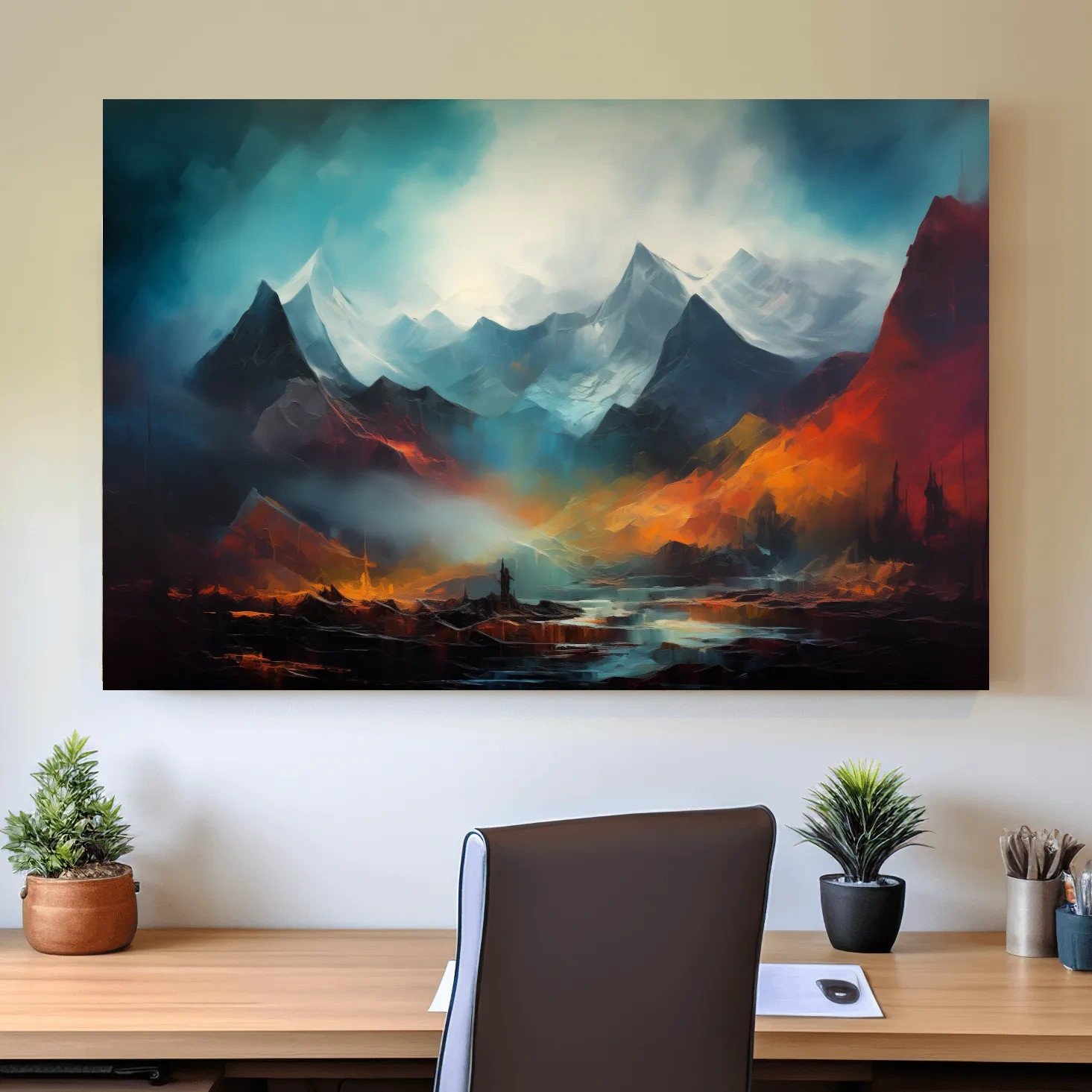 Colorful impressionist painting, abstract mountain landscape artwork