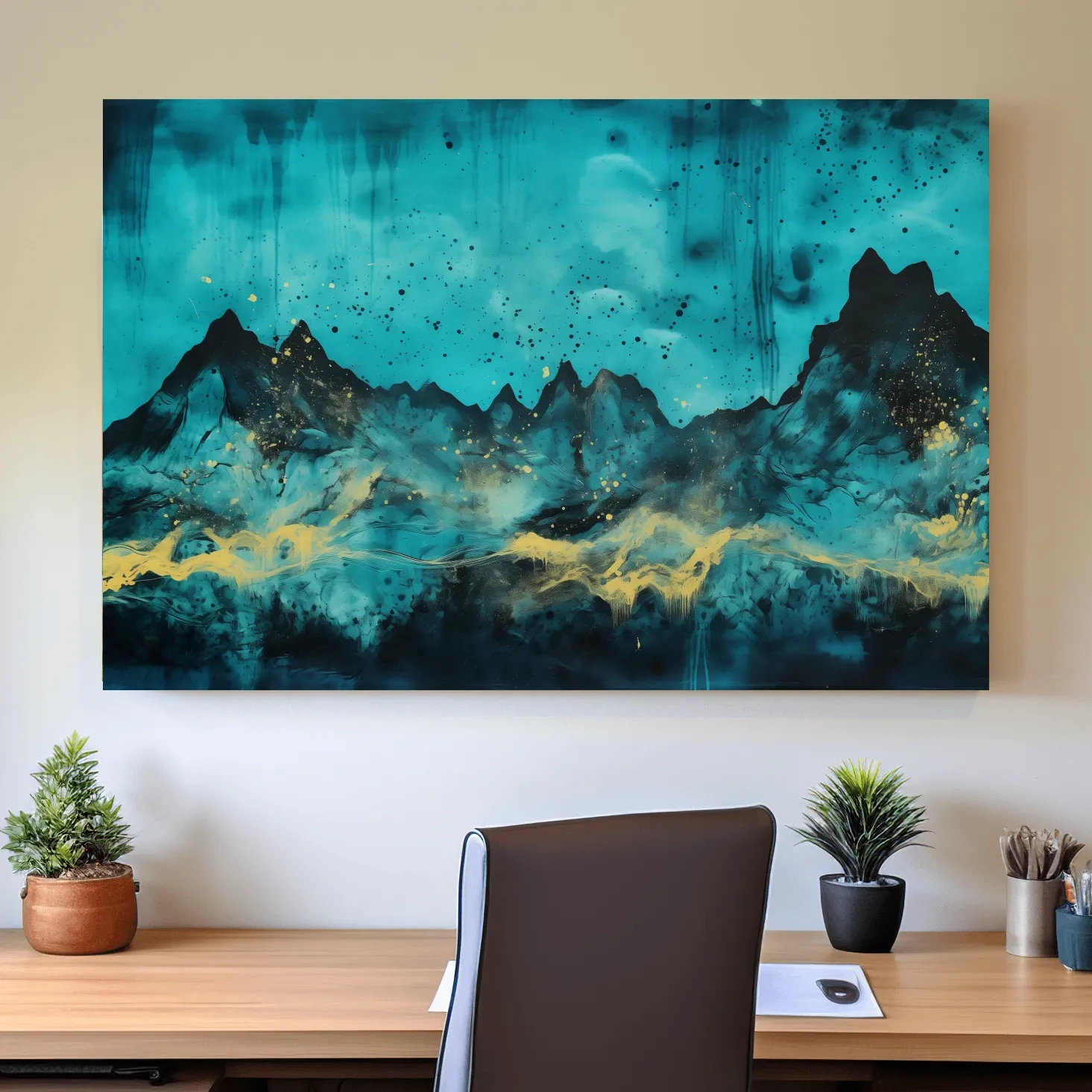 Mystical turquoise mountain wall art, abstract night sky with gold accents