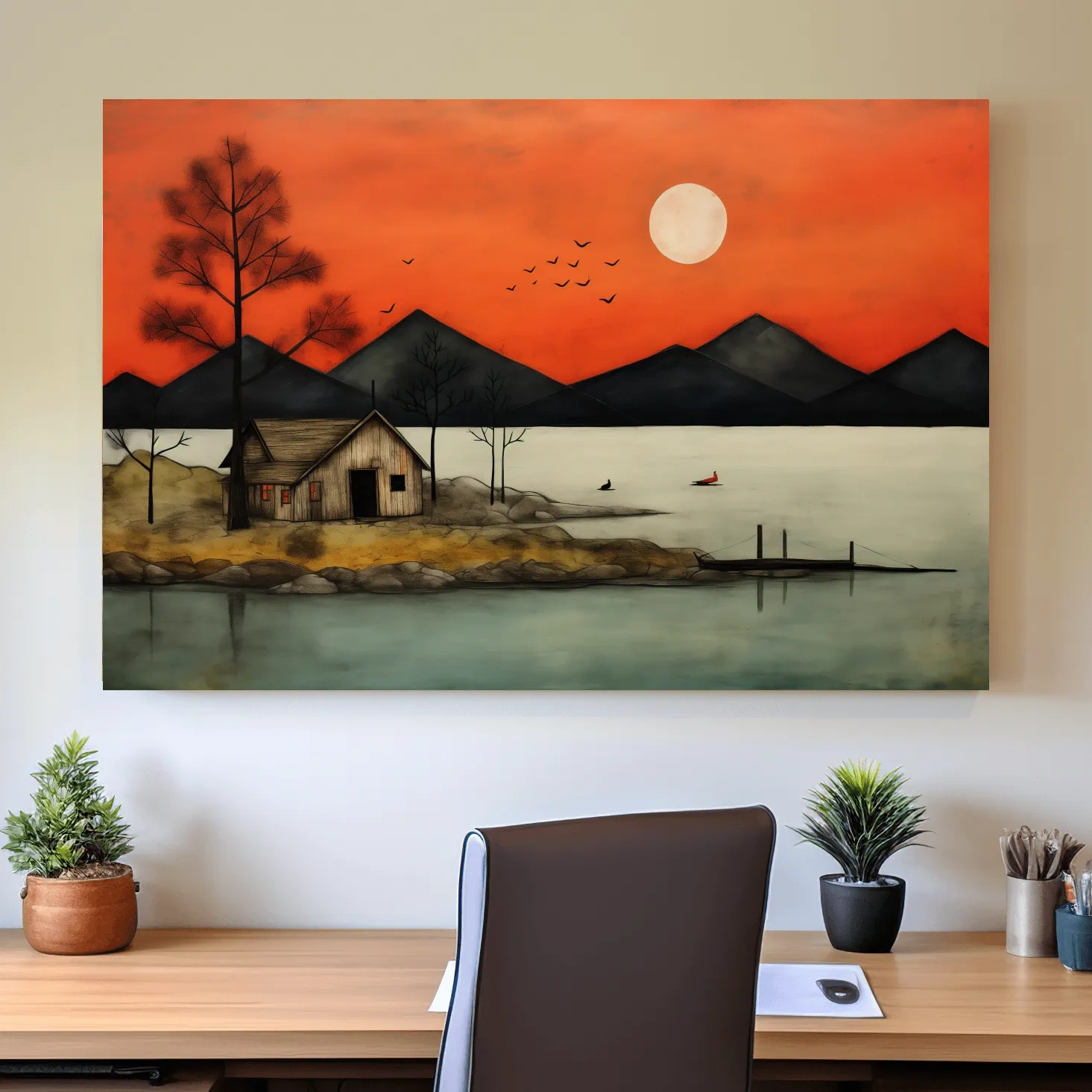 Rustic lakeside cabin art at sunset, textured effect wall art painting