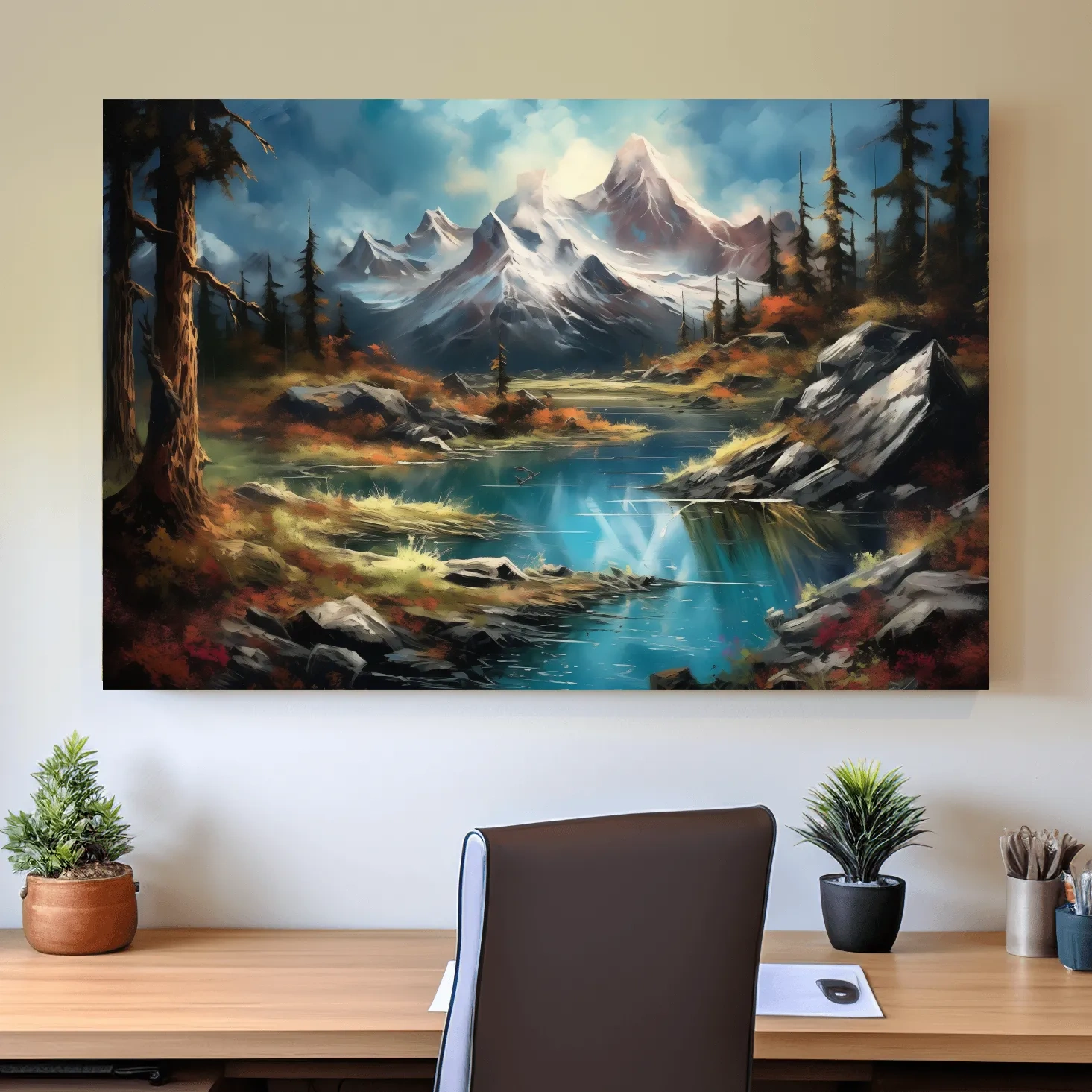 Serene alpine lake and snow-capped mountains wall artwork, vibrant scenic painting