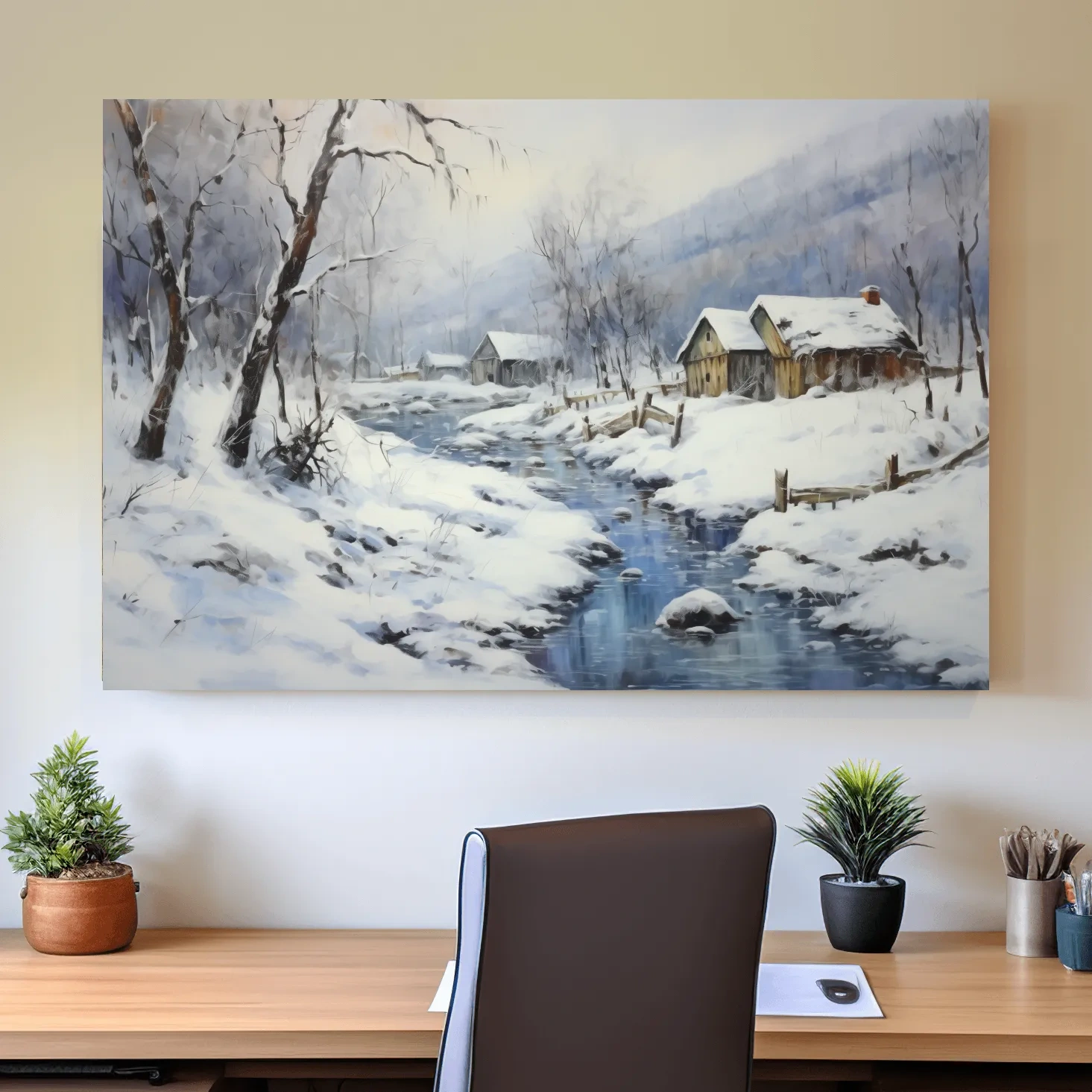 Snowy Winter Cabin Stream Landscape - Serene Rustic Wall Art
