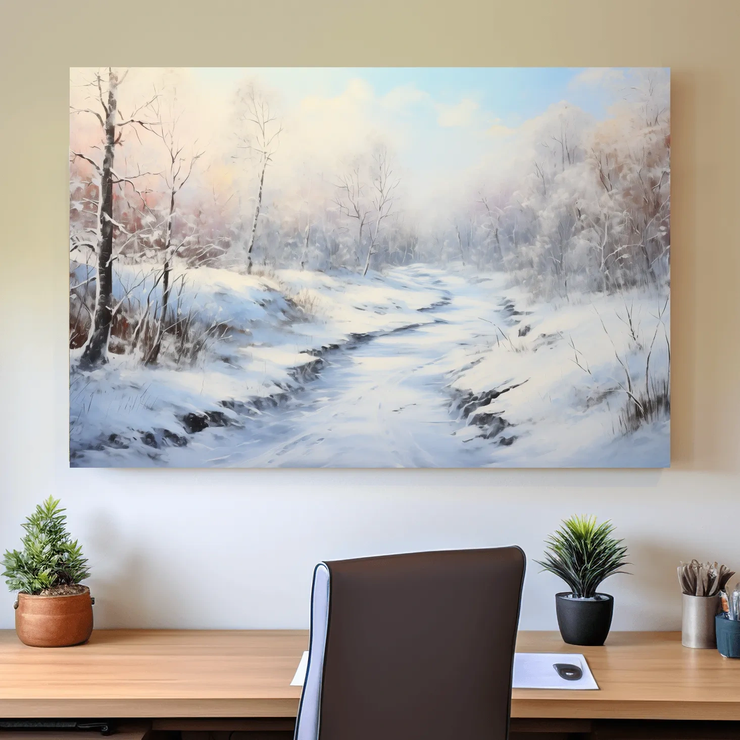 Winter landscape artwork, serene snowy forest path with soft pastel sky