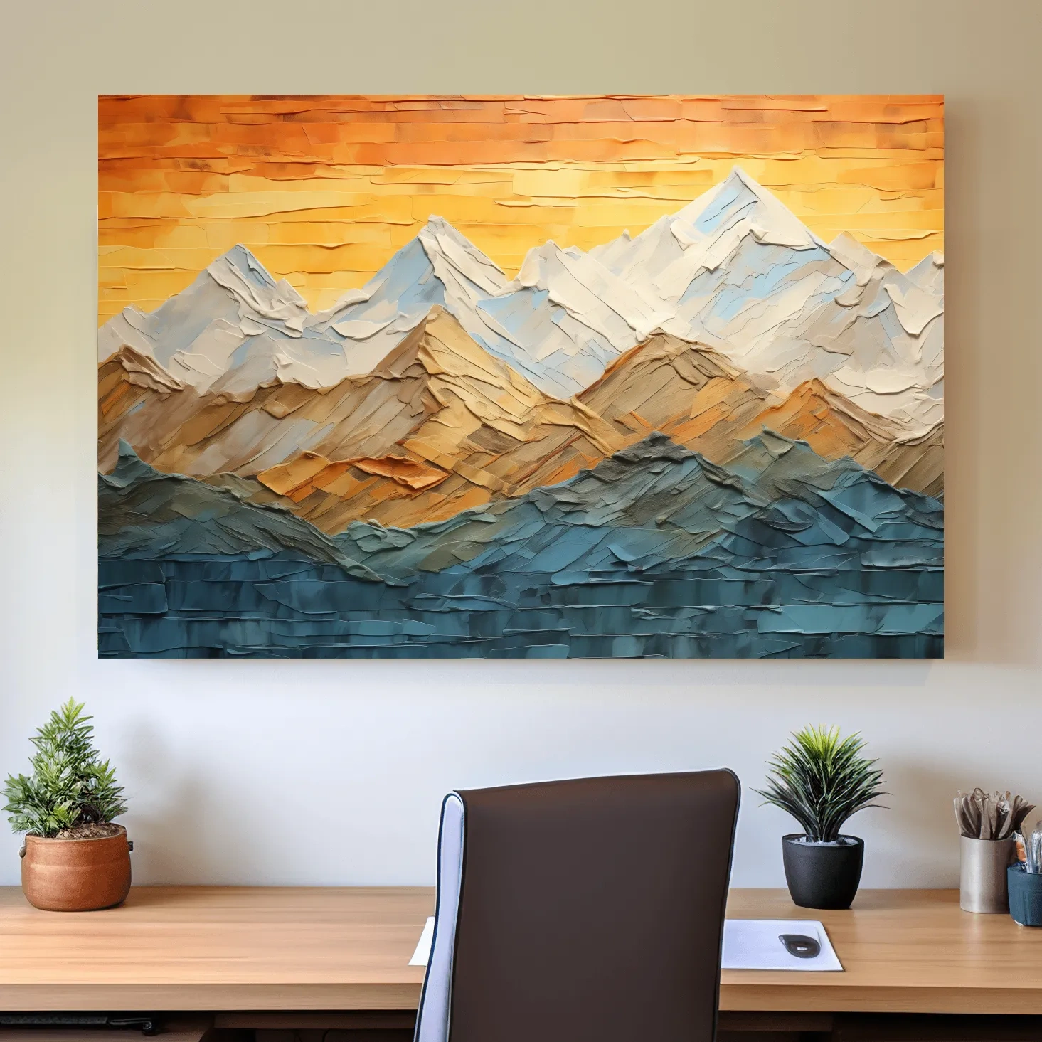Glacier sunset mountain art, textured pallet knife painting effect