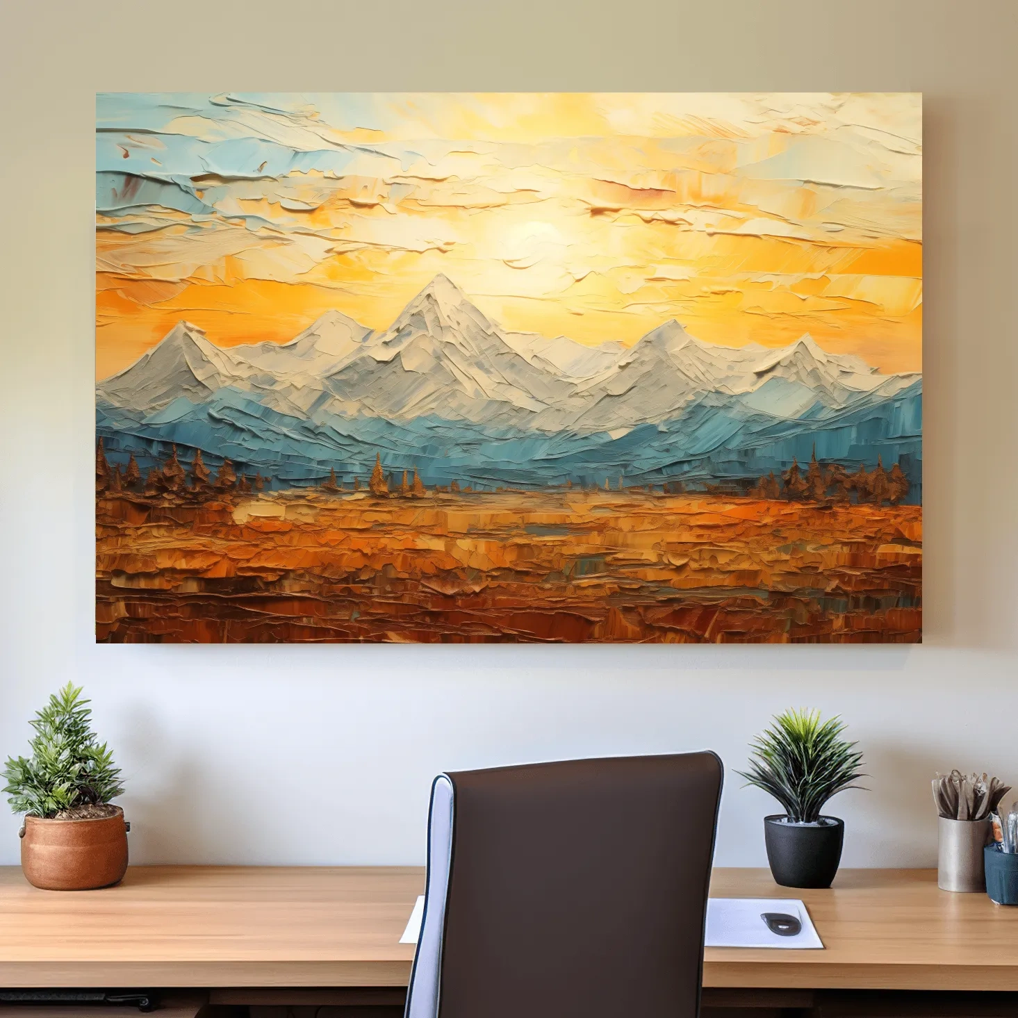 Glacier sunset mountain painting artwork, textured impasto effect