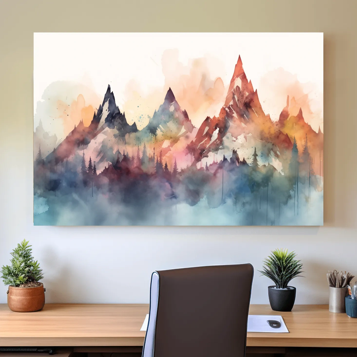 Colorful watercolor mountain wall art, serene misty landscape painting