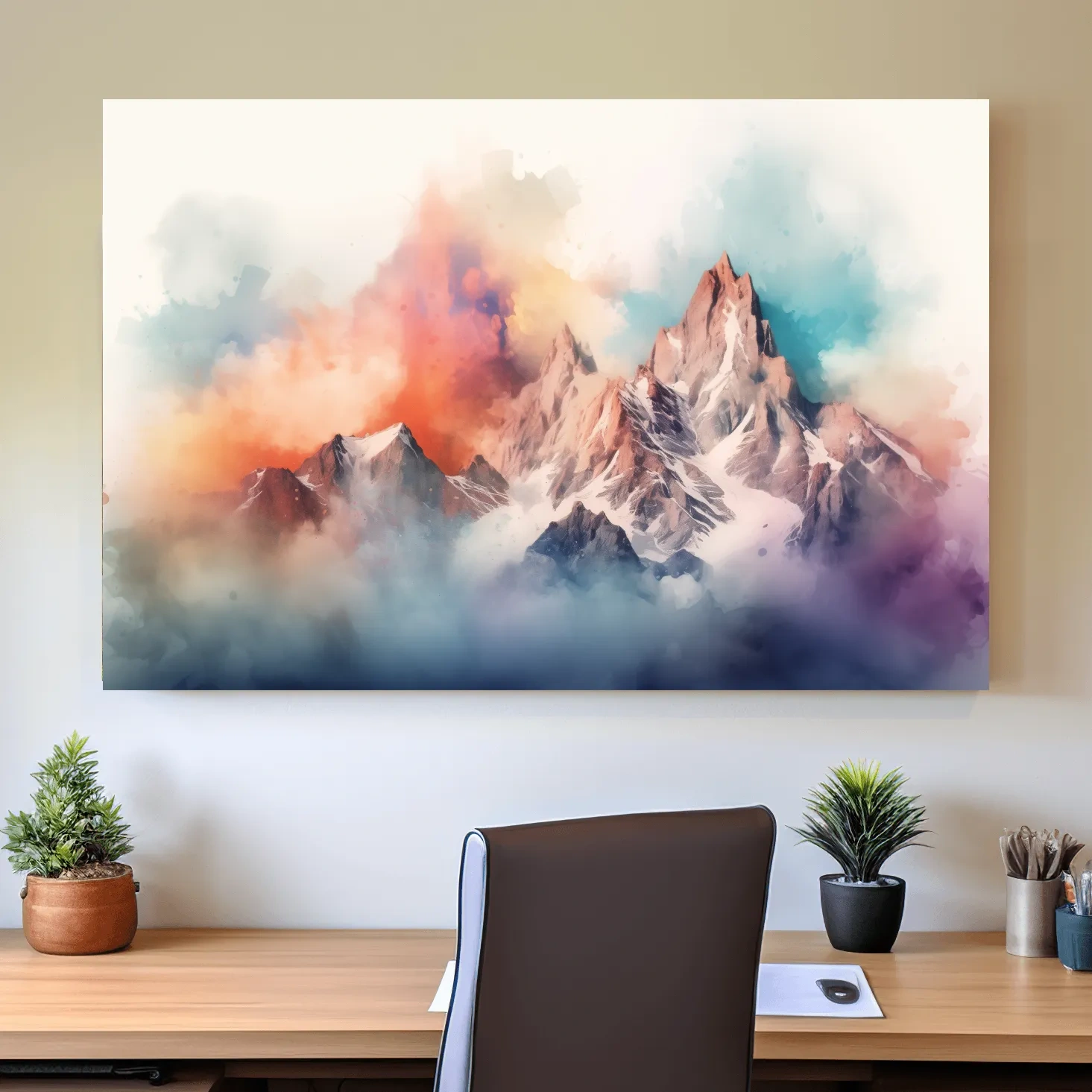 Abstract colourful mountain artwork, vibrant effect with clouds and peaks