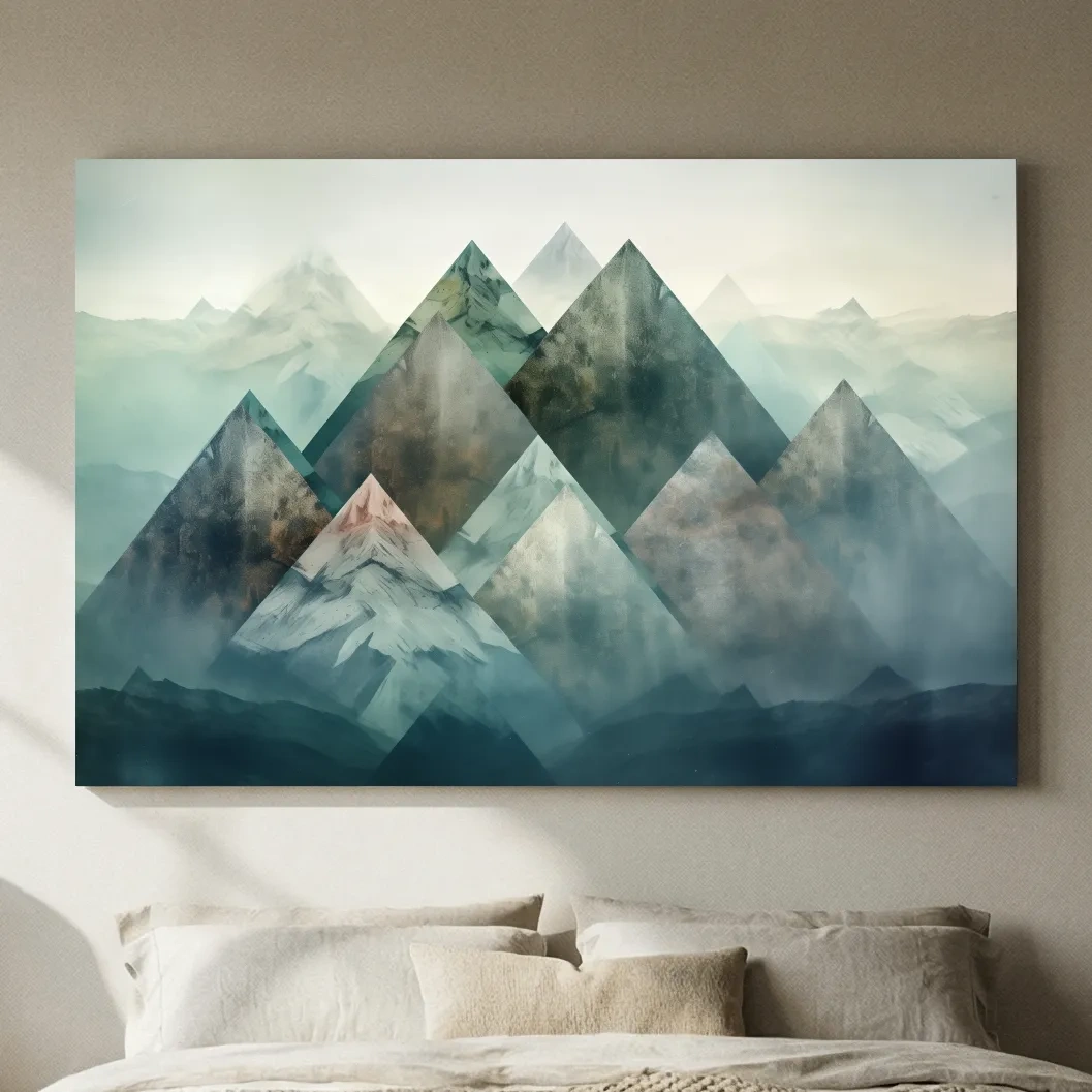 Geometric Misty Mountain Peaks - Mystical Abstract Alpine Wall Art
