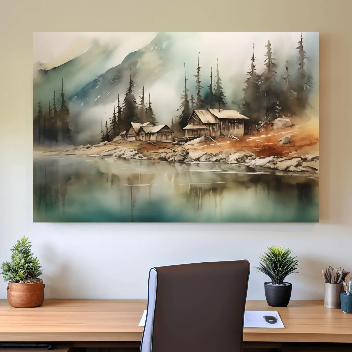 Rustic alpine mountain lake cabins, watercolor style landscape wall art