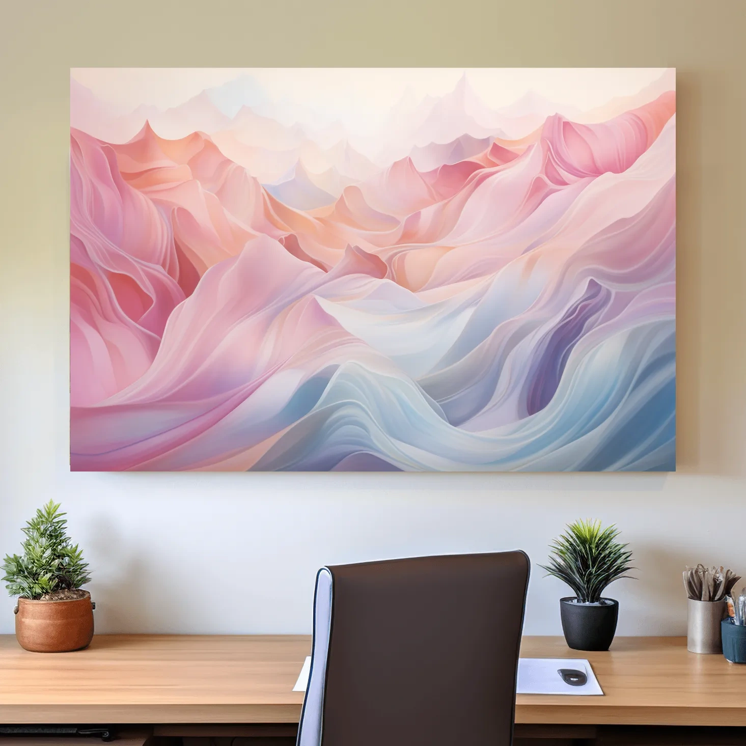 Soft pastel abstract mountain landscape artwork, flowing abstract waves in pink and blue tones