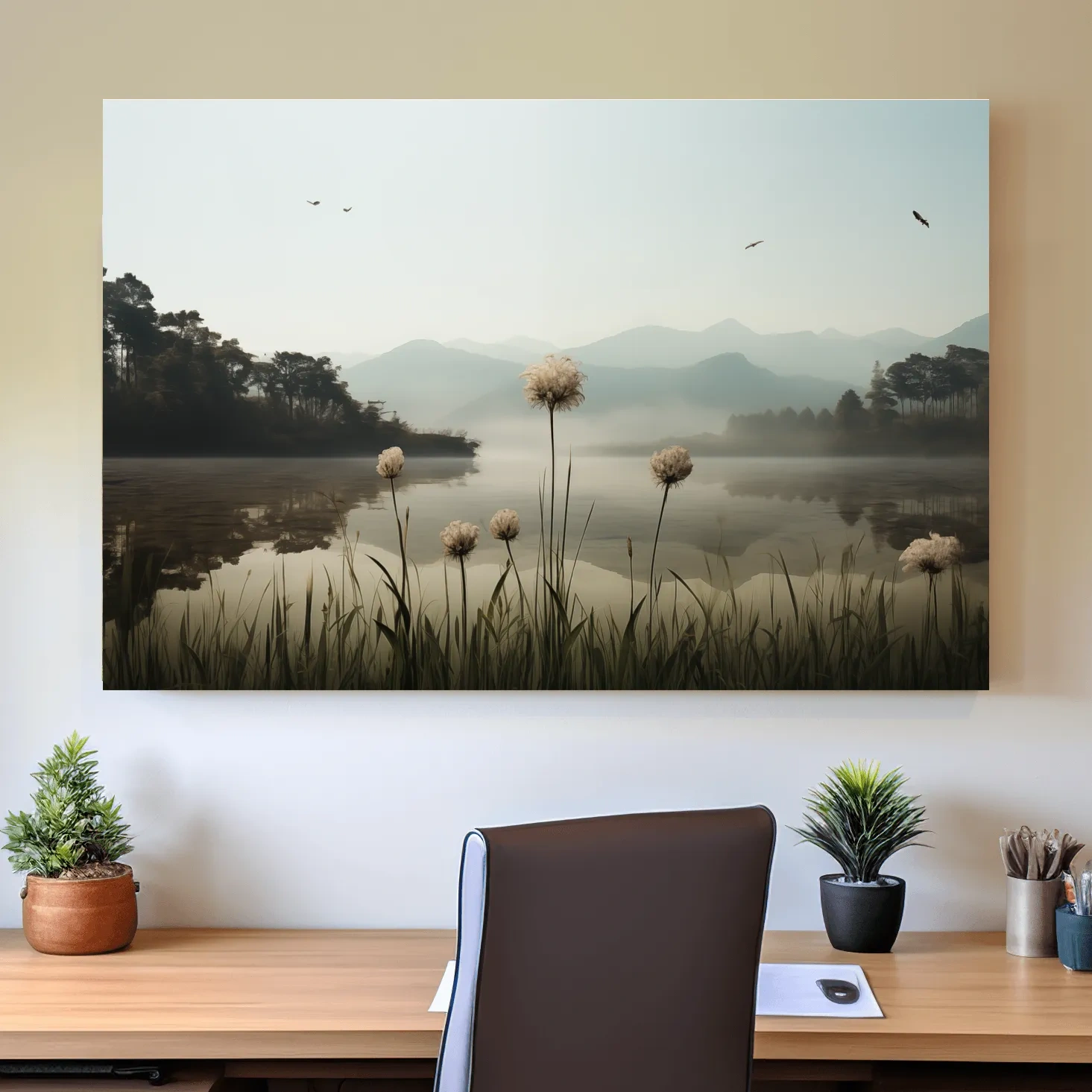 Photographic art painting of dandelions on the lake
