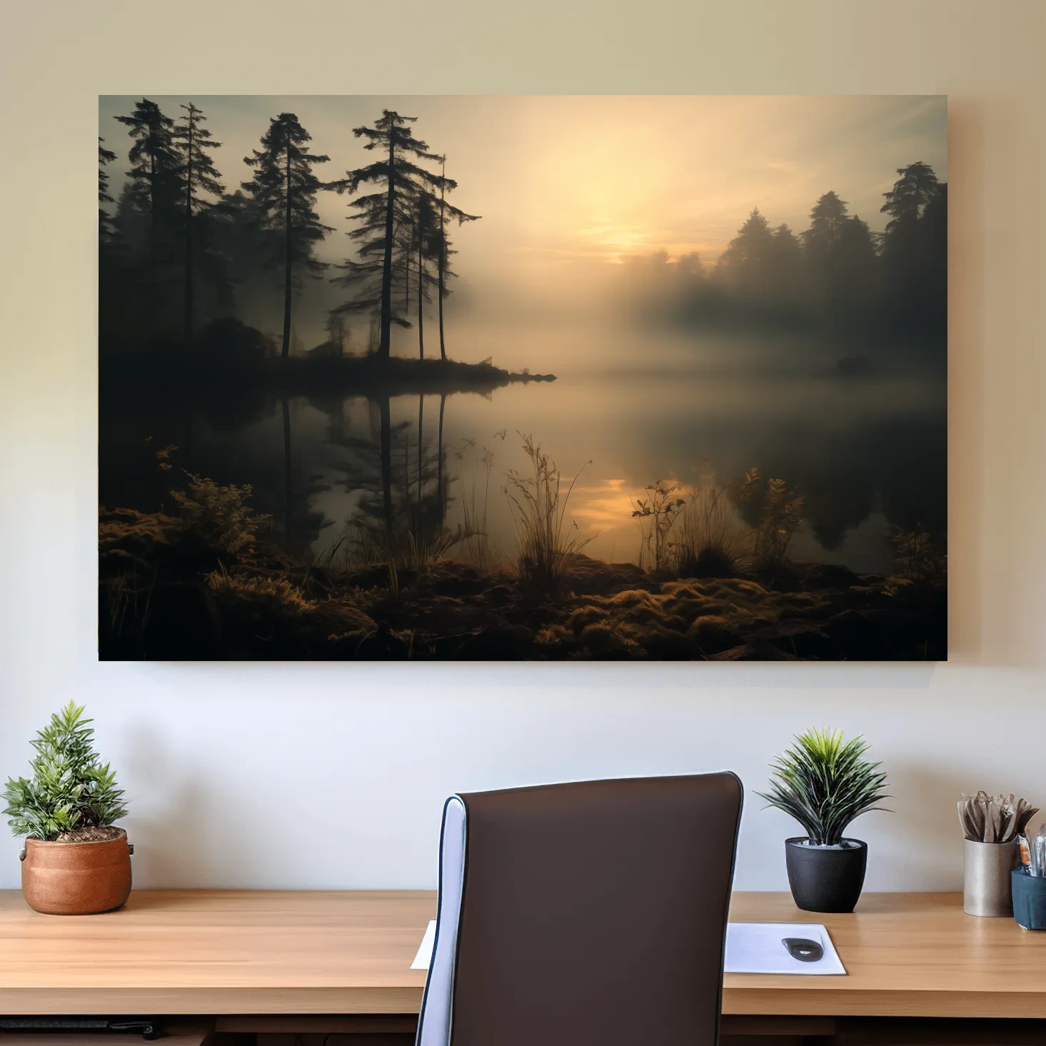 Photographic art of a misty lake at sunrise