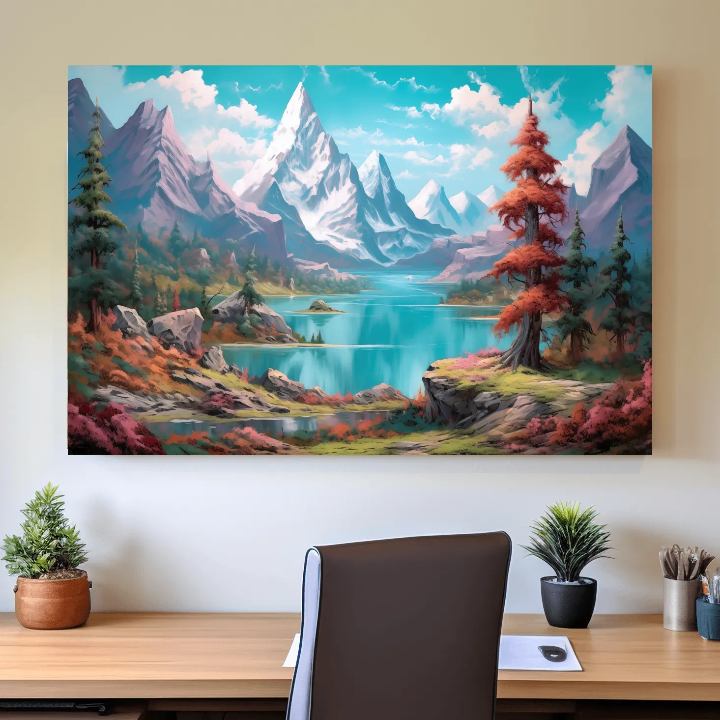 Painting of a surreal alpine mountain landscape