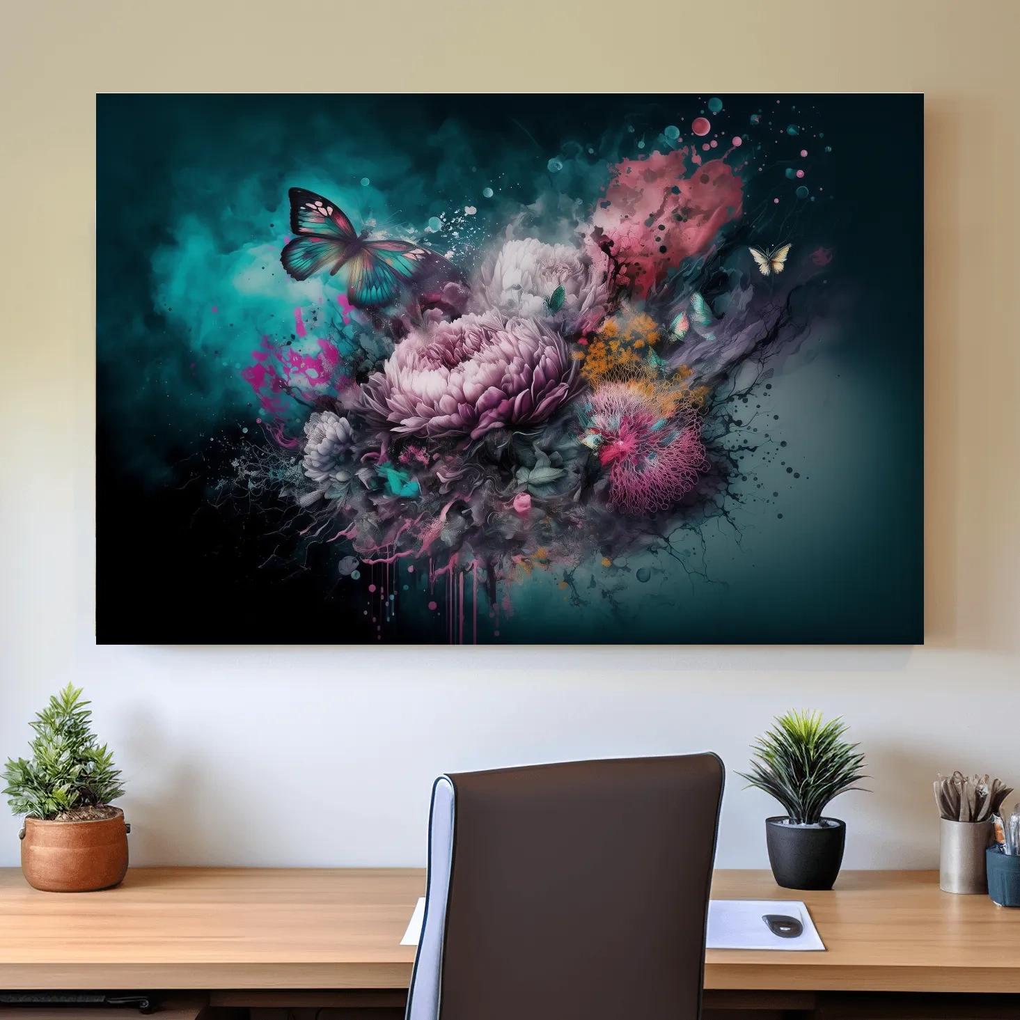 Surreal Floral Butterfly Explosion Painting - Vibrant Botanical Wall Art