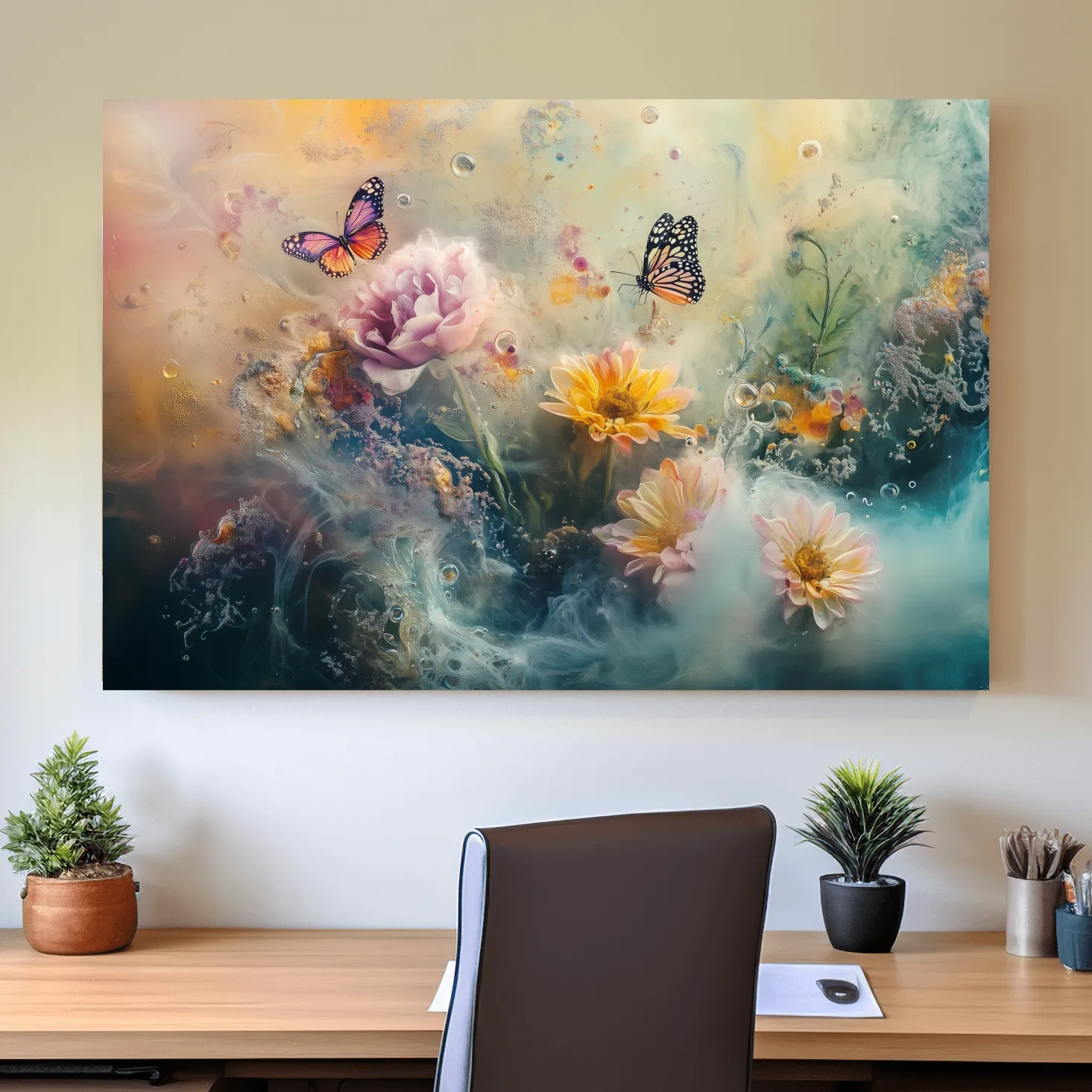 Ethereal Butterfly Floral Dreamscape - Pastel Mixed Media Wall Art