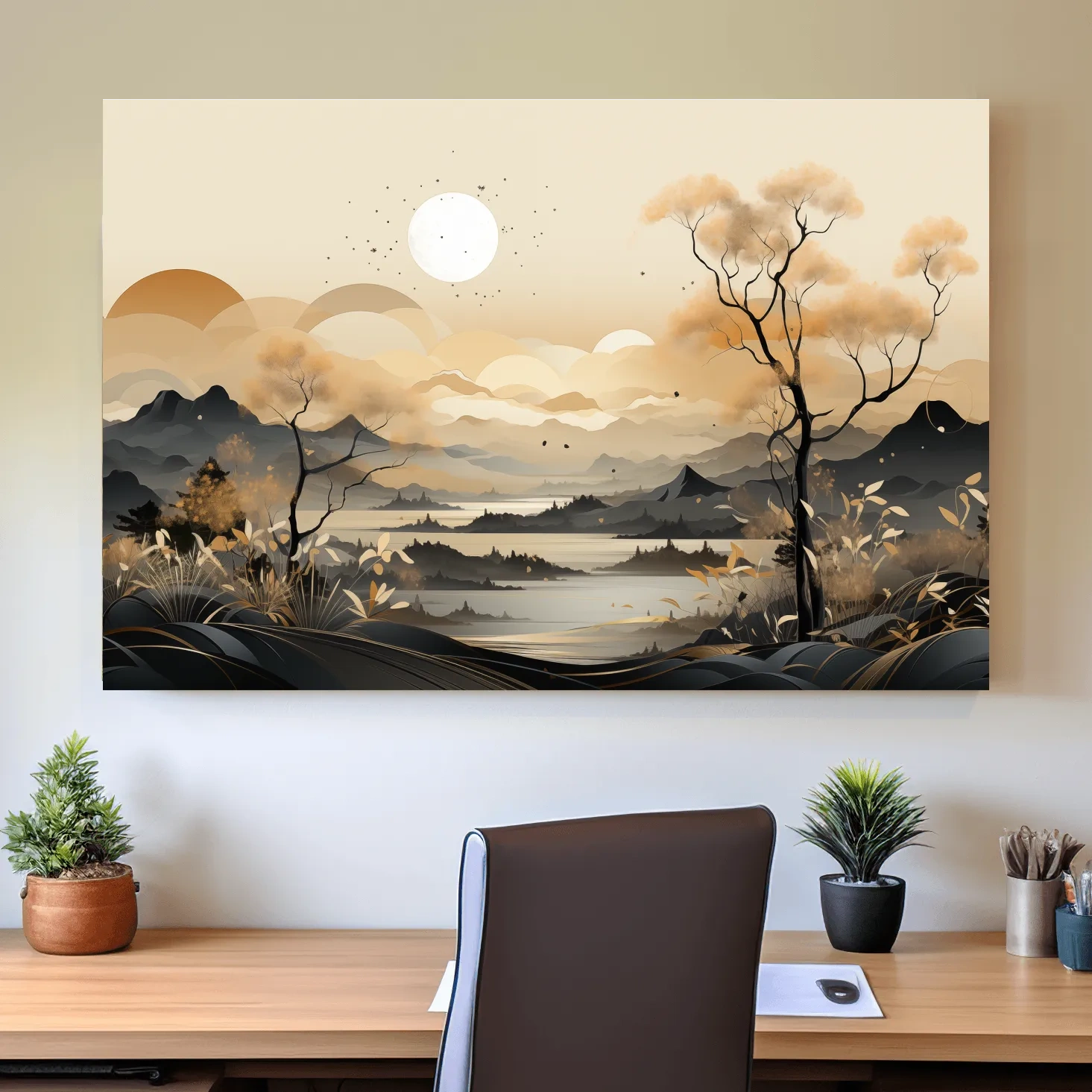 Golden surreal landscape at sunset