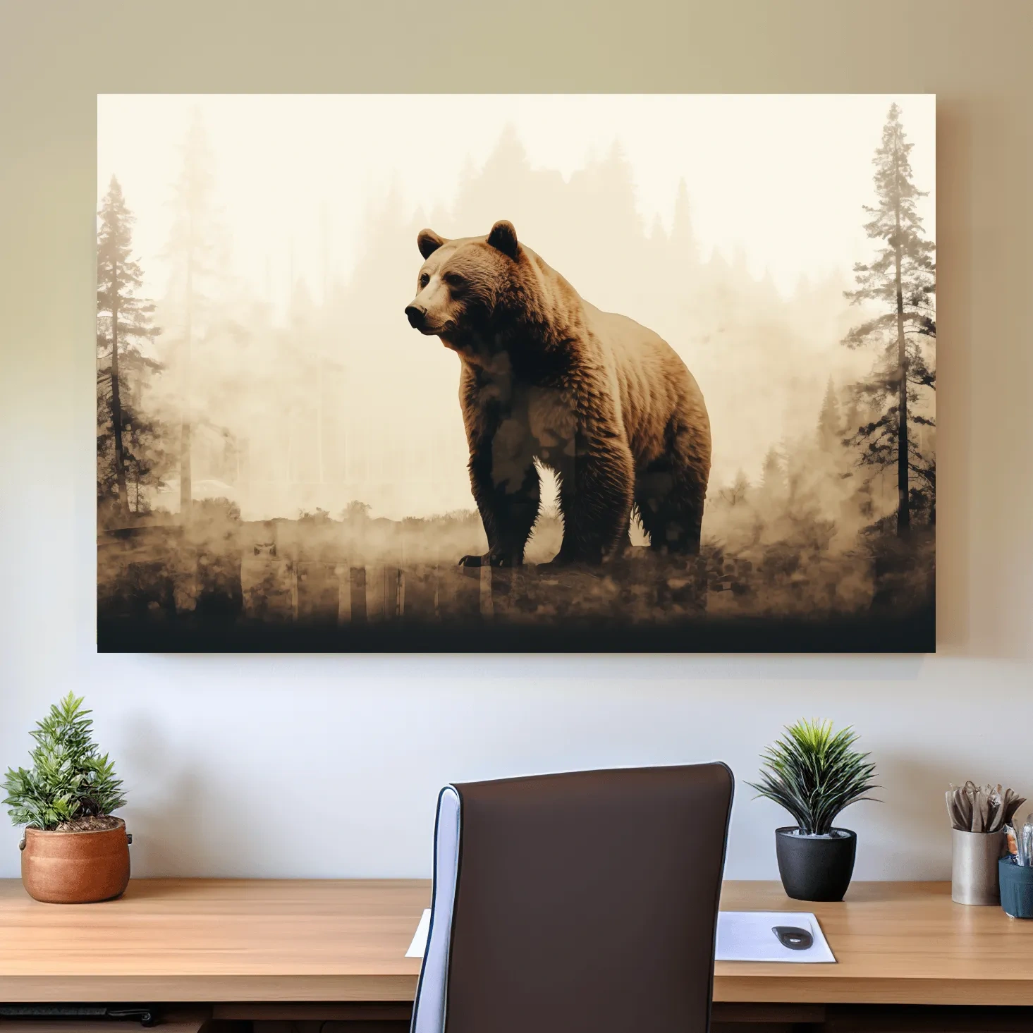 Grizzly bear in the forest, double exposure sepia photography artwork