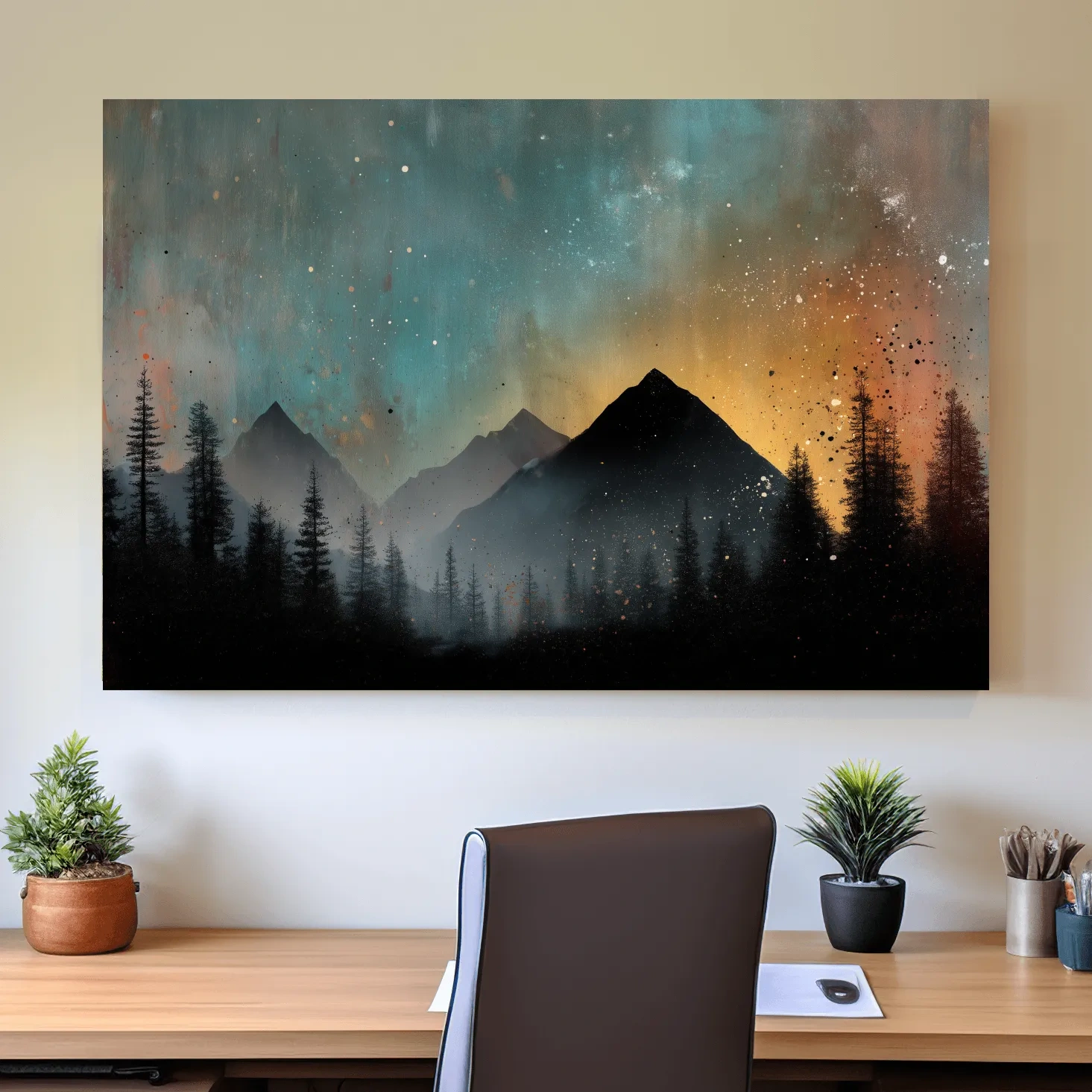Colorful mountain sunrise artwork, misty forest and starry sky painting