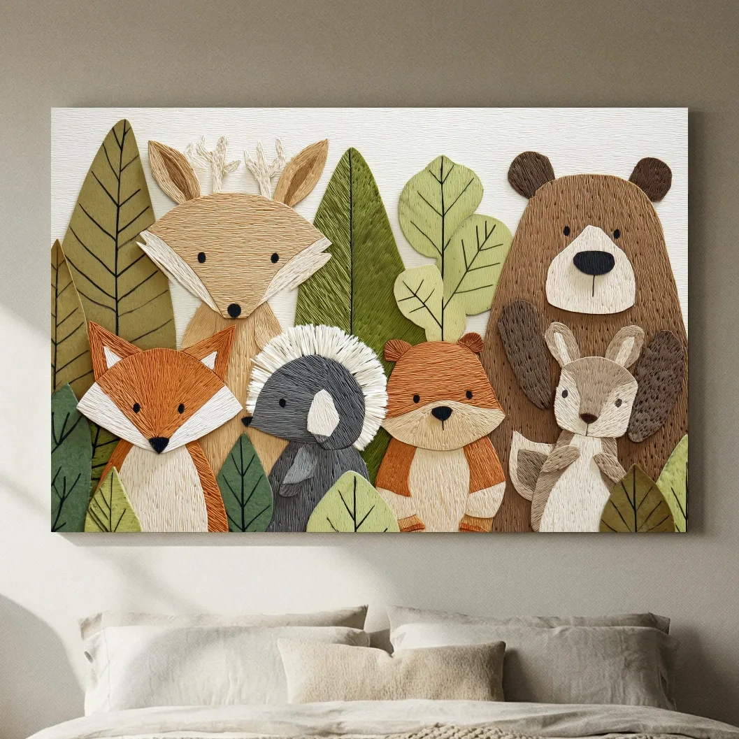 Woodland Animal Nursery Decor - Cute Forest Animals Embroidery Style Wall Art