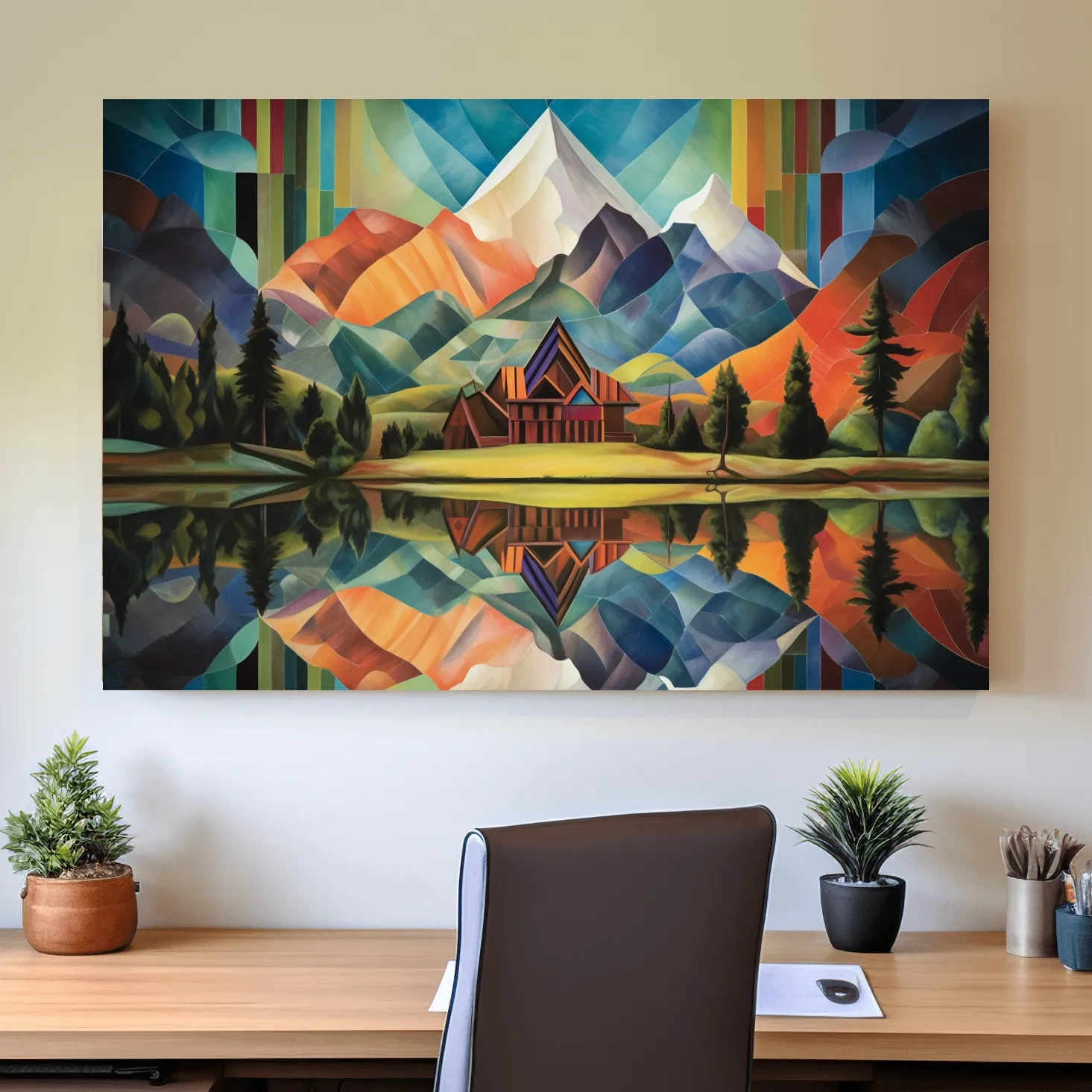 Vibrant Geometric Mountain Cabin Lake Reflection - Colorful Abstract Landscape Wall Art