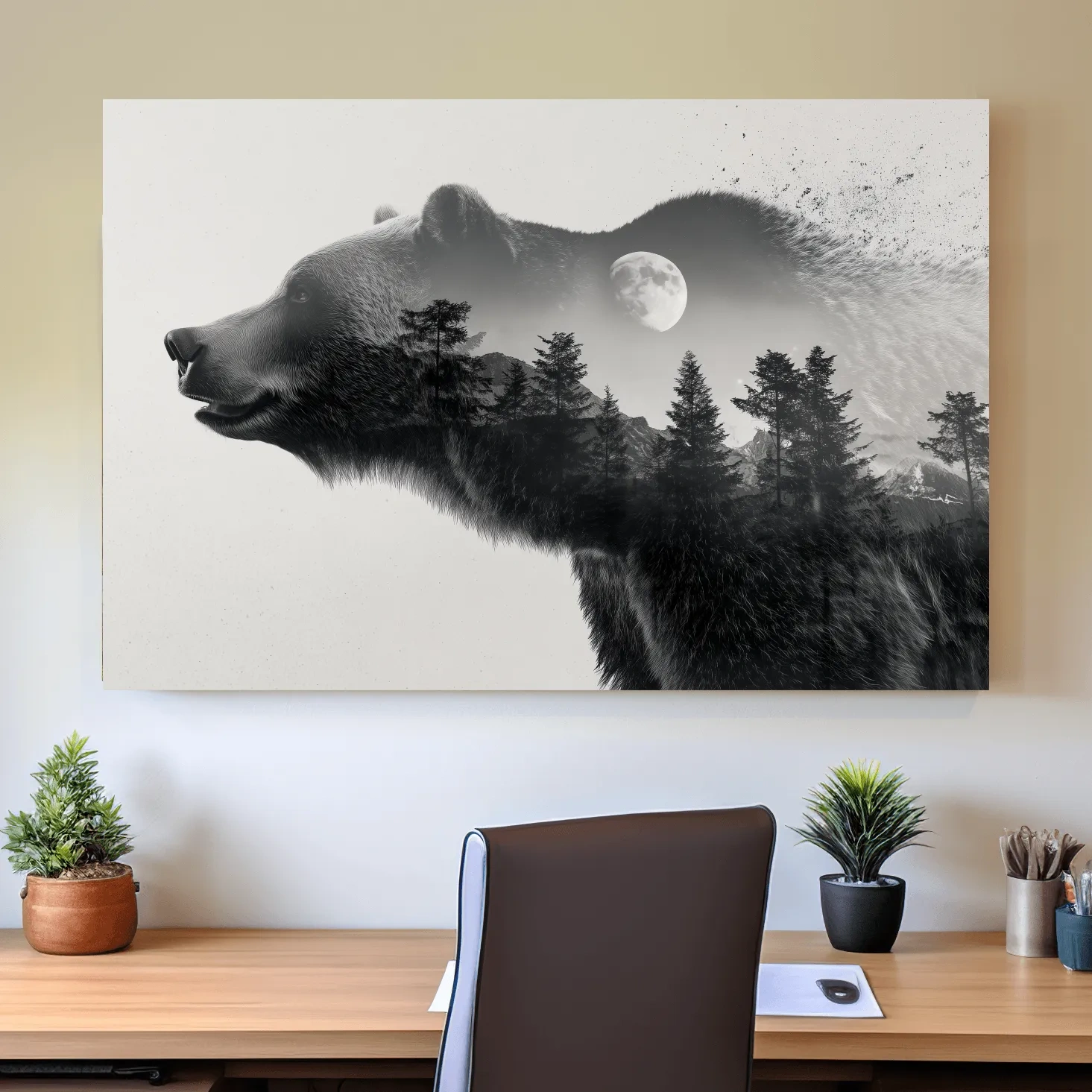 Grizzly bear wall art, moonlit forest double exposure artwork