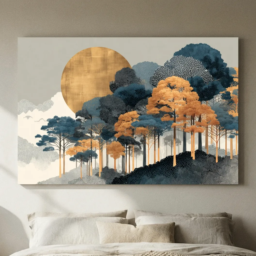 Modern Chic Golden Sun Over Autumn Forest - Elegant Boho Landscape Wall Art