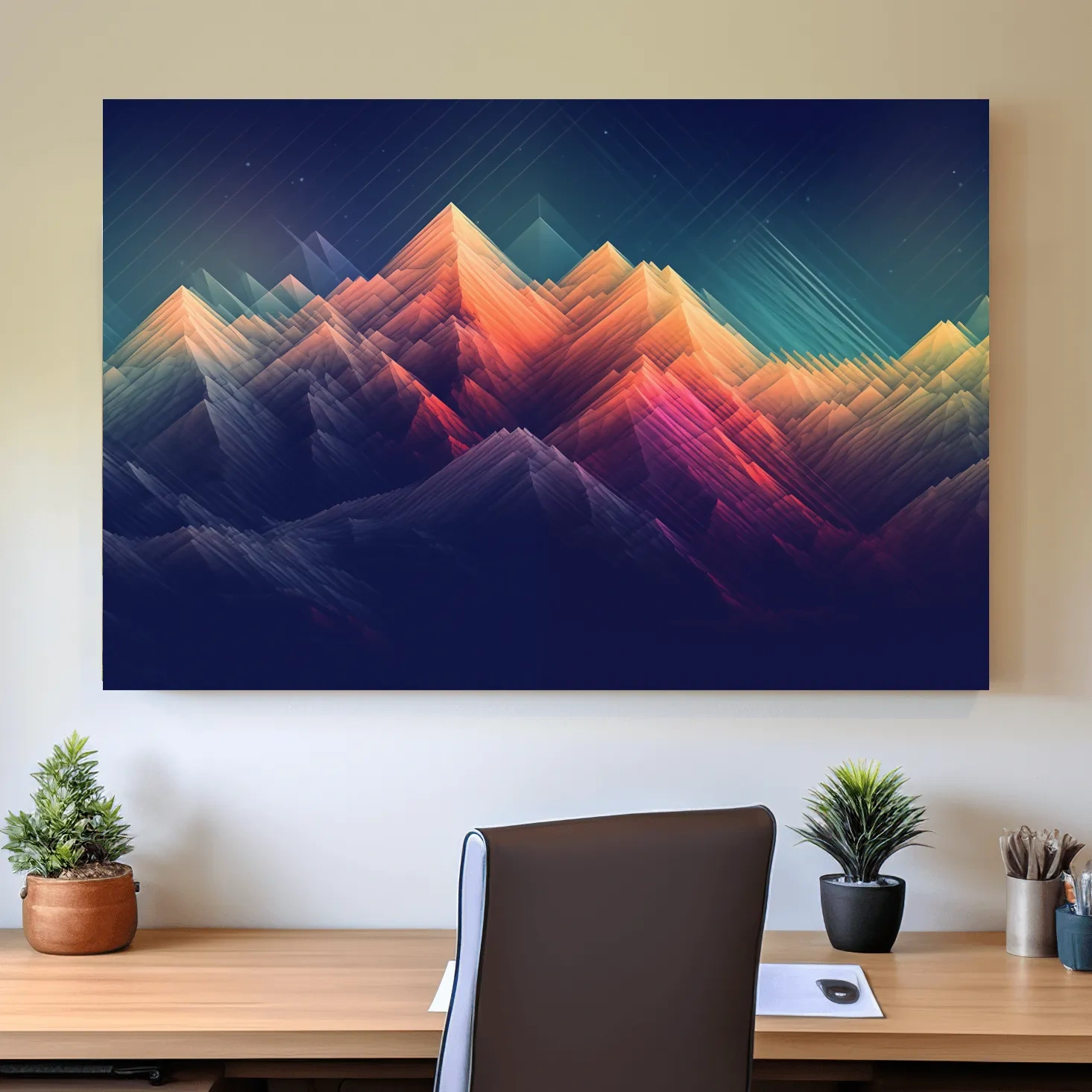 Colorful abstract mountain wall art, glitch art geometric gradient design