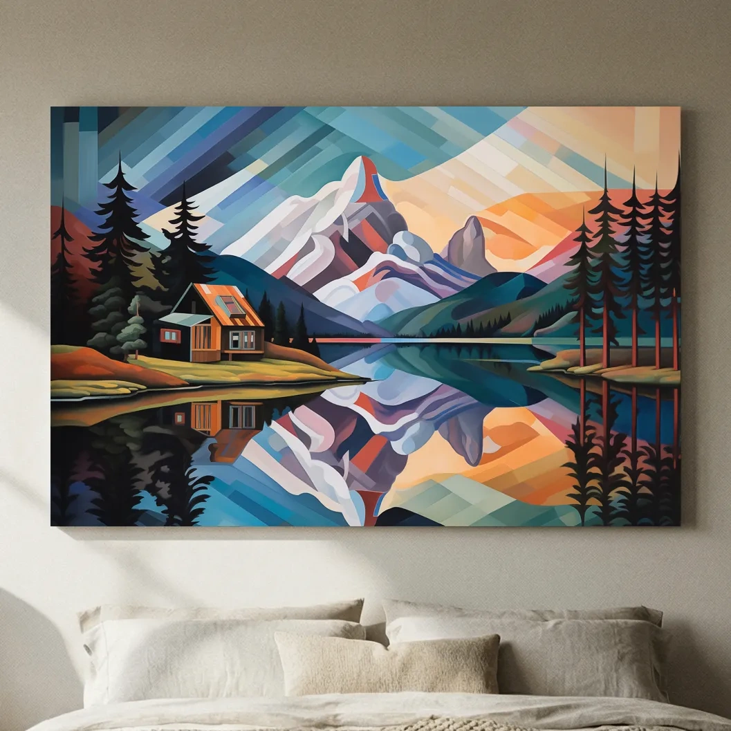 Mountain Cabin by the Lake Canvas Print - Abstract Oil Painting Sunset Wall Art