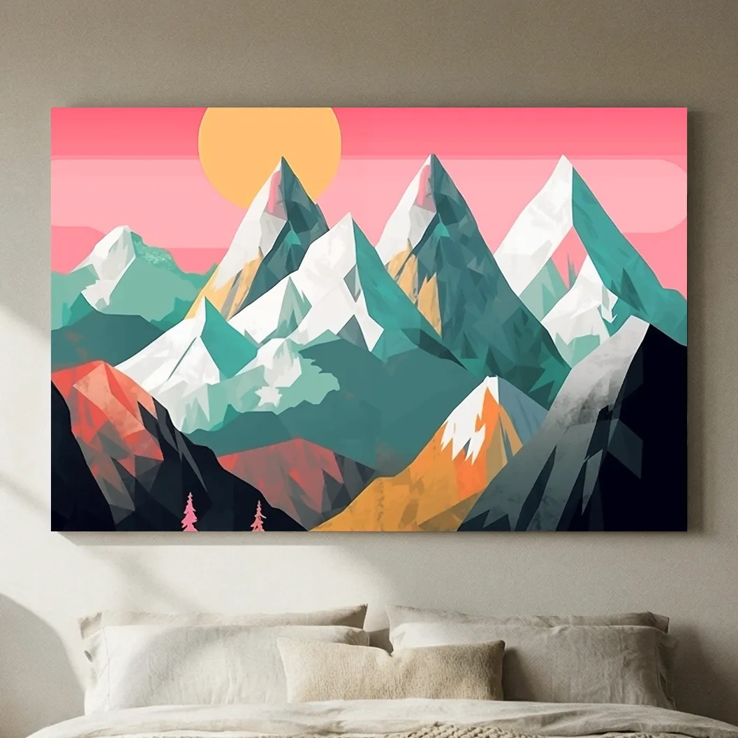 Alpine Mountains Sunrise Illustration - Colorful Landscape Wall Art