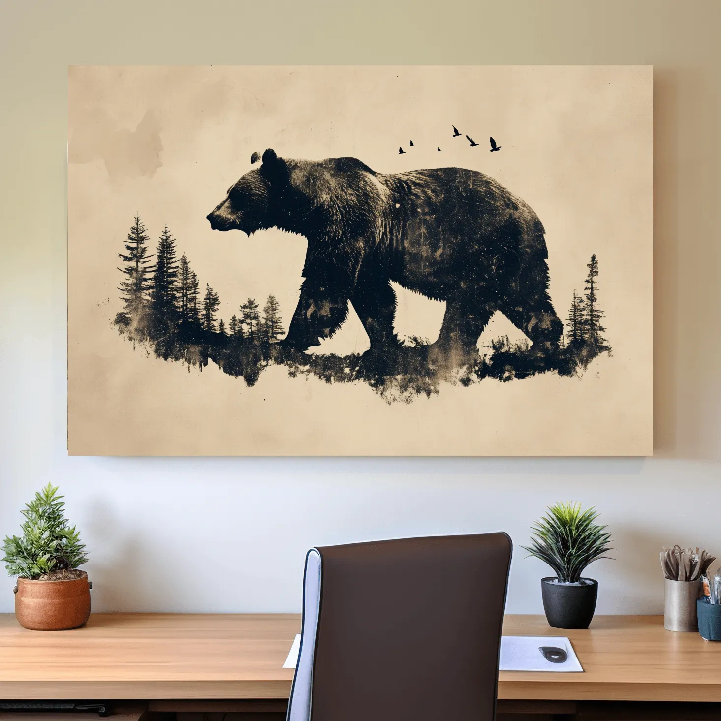 Grizzly bear artwork print, vintage style silhouette