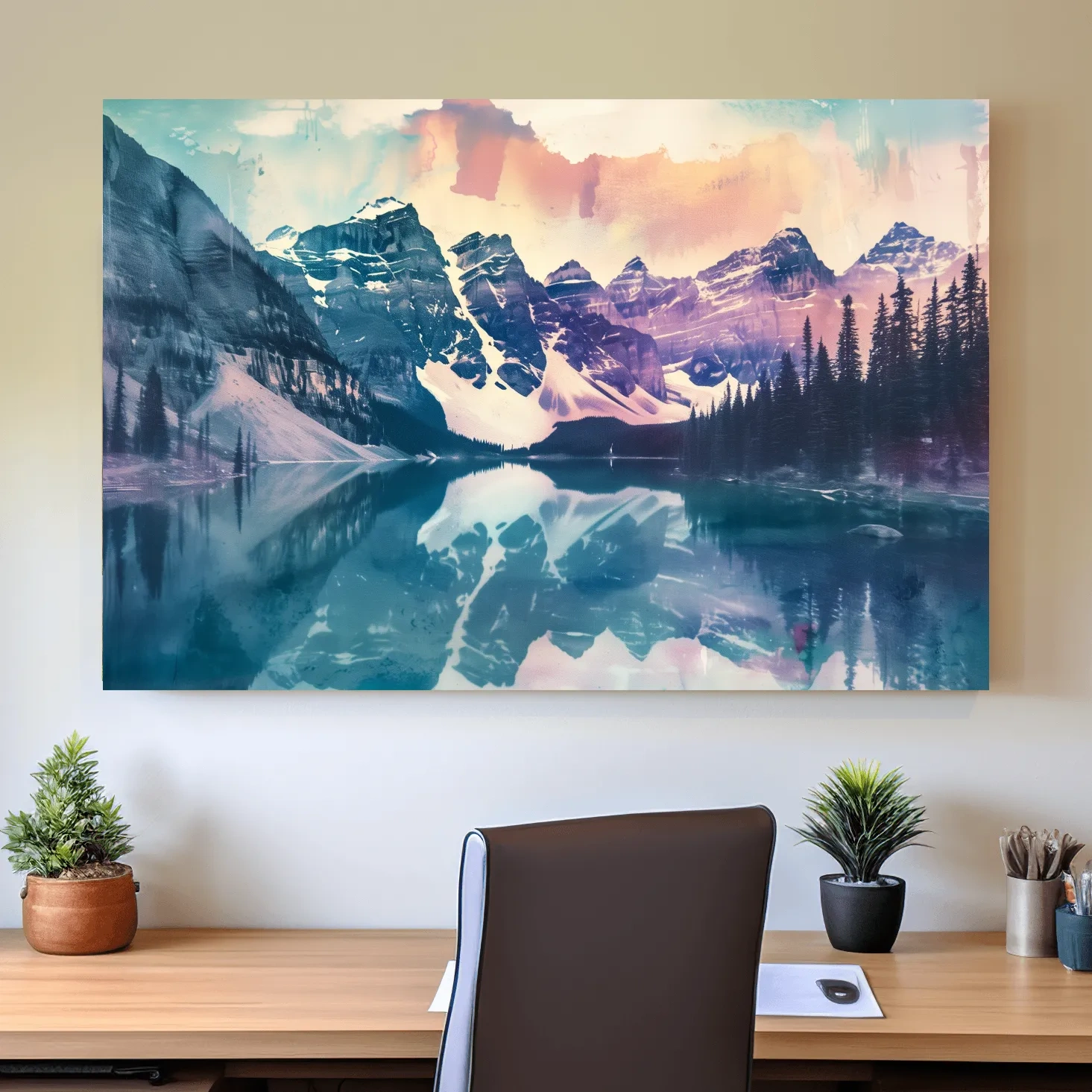 Valley of the Ten Peaks, Moraine Lake Banff. Watercolour painting postcard style mountain artwork