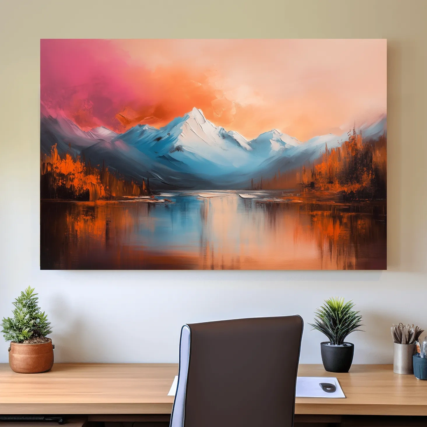 Textured Sunset Mountain Lake Painting - Serene Abstract Landscape Wall Art