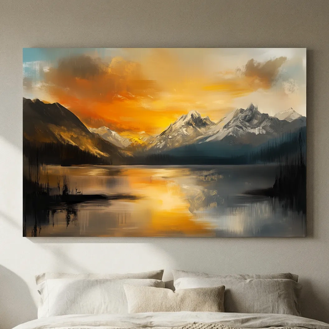 Moody Alpine Mountain Lake Sunset Painting - Oil Painting Style Wall Art