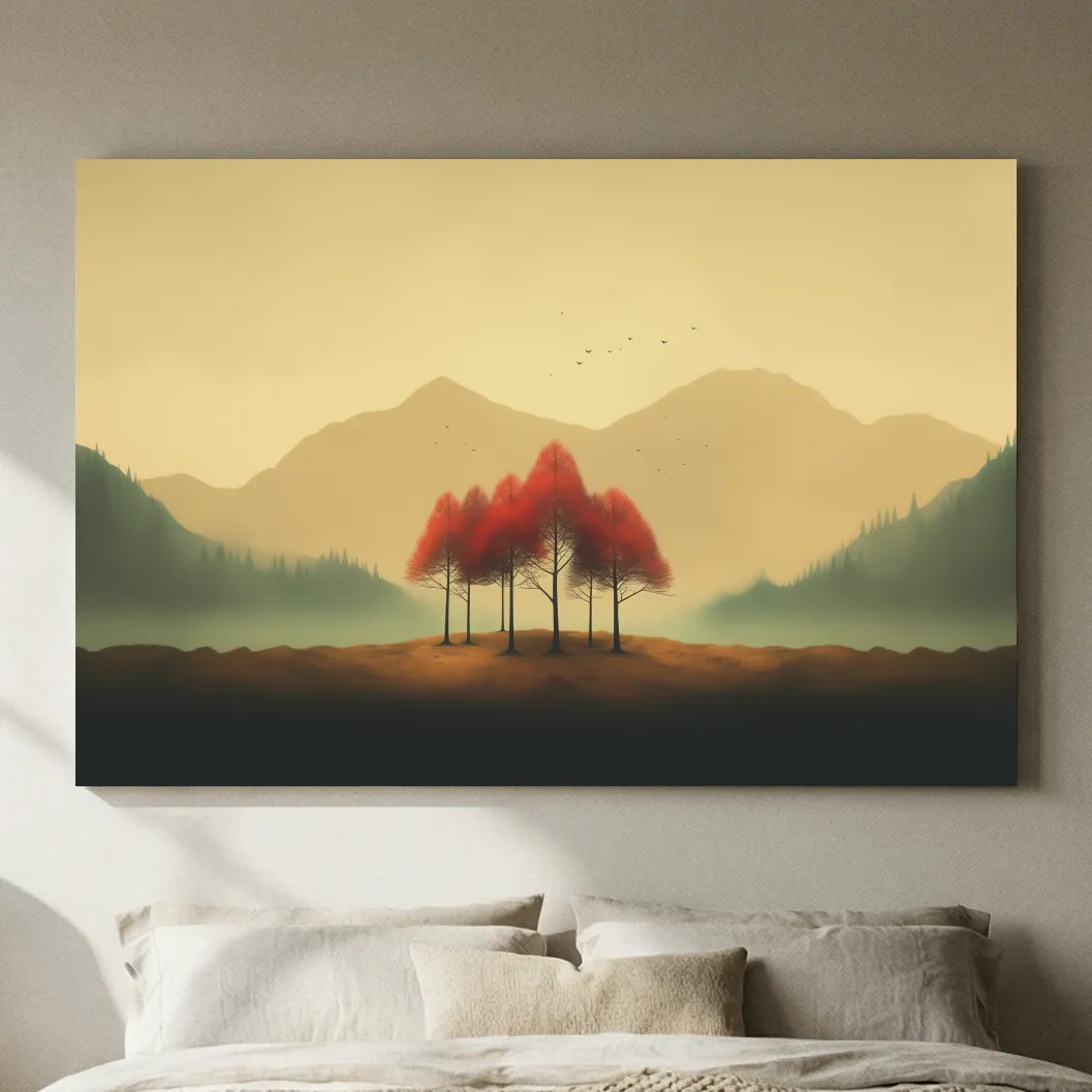 Minimalist Autumn Tree Grove Landscape - Misty Mountain Forest Wall Art