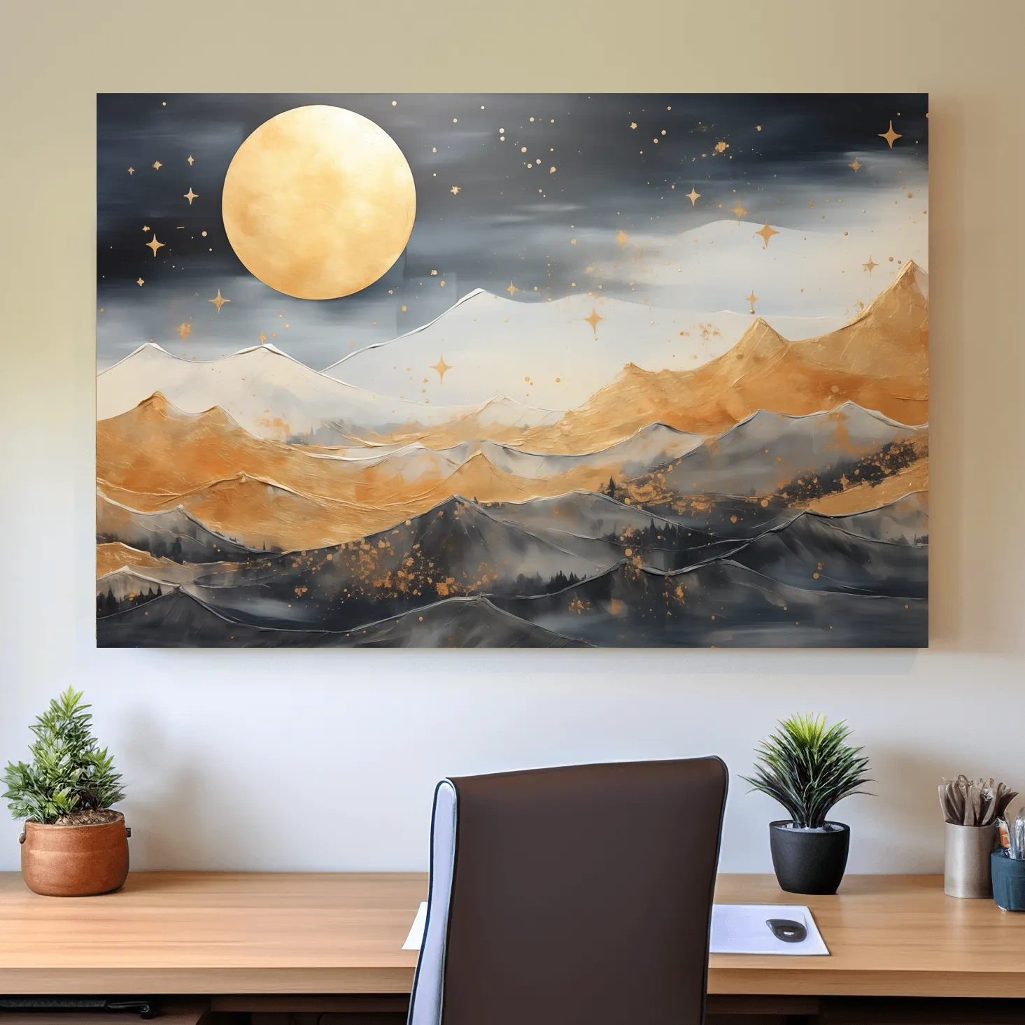 Golden Moonlit Abstract Mountain Landscape - Modern Metallic Watercolor Wall Art