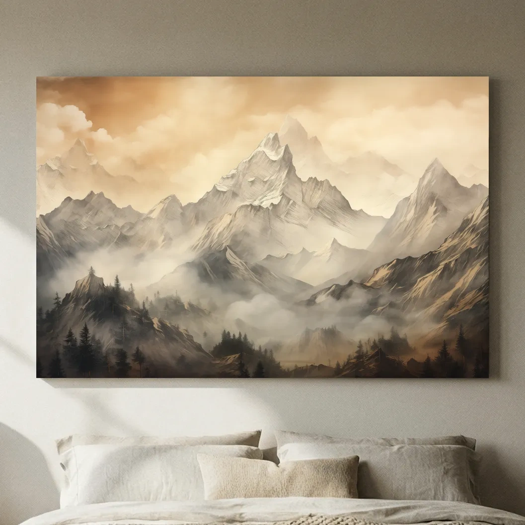 Moody Sepia Misty Mountain Peaks - Atmospheric Alpine Landscape Painting Wall Art