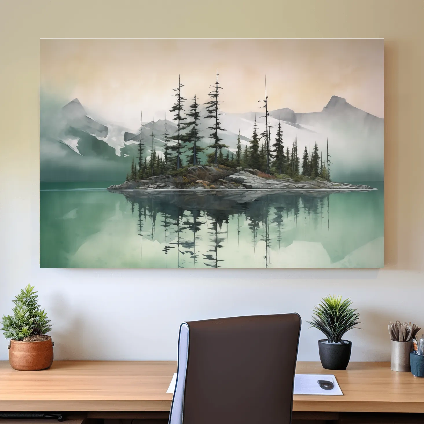 Misty Turquoise Alpine Lake Reflection - Serene Watercolor Mountain Landscape Wall Art