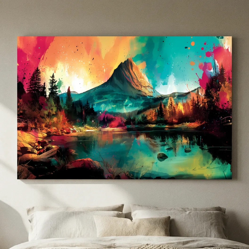 Vibrant Abstract Alpine Mountain Sunrise - Colorful Watercolor Style Artwork