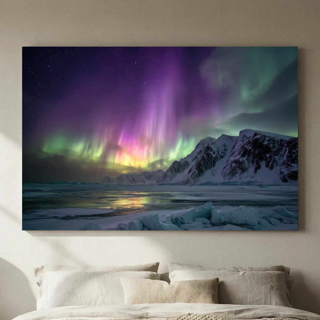 Vibrant Northern Lights Over Snowy Mountains - Aurora Borealis Photographic Night Sky Wall Art
