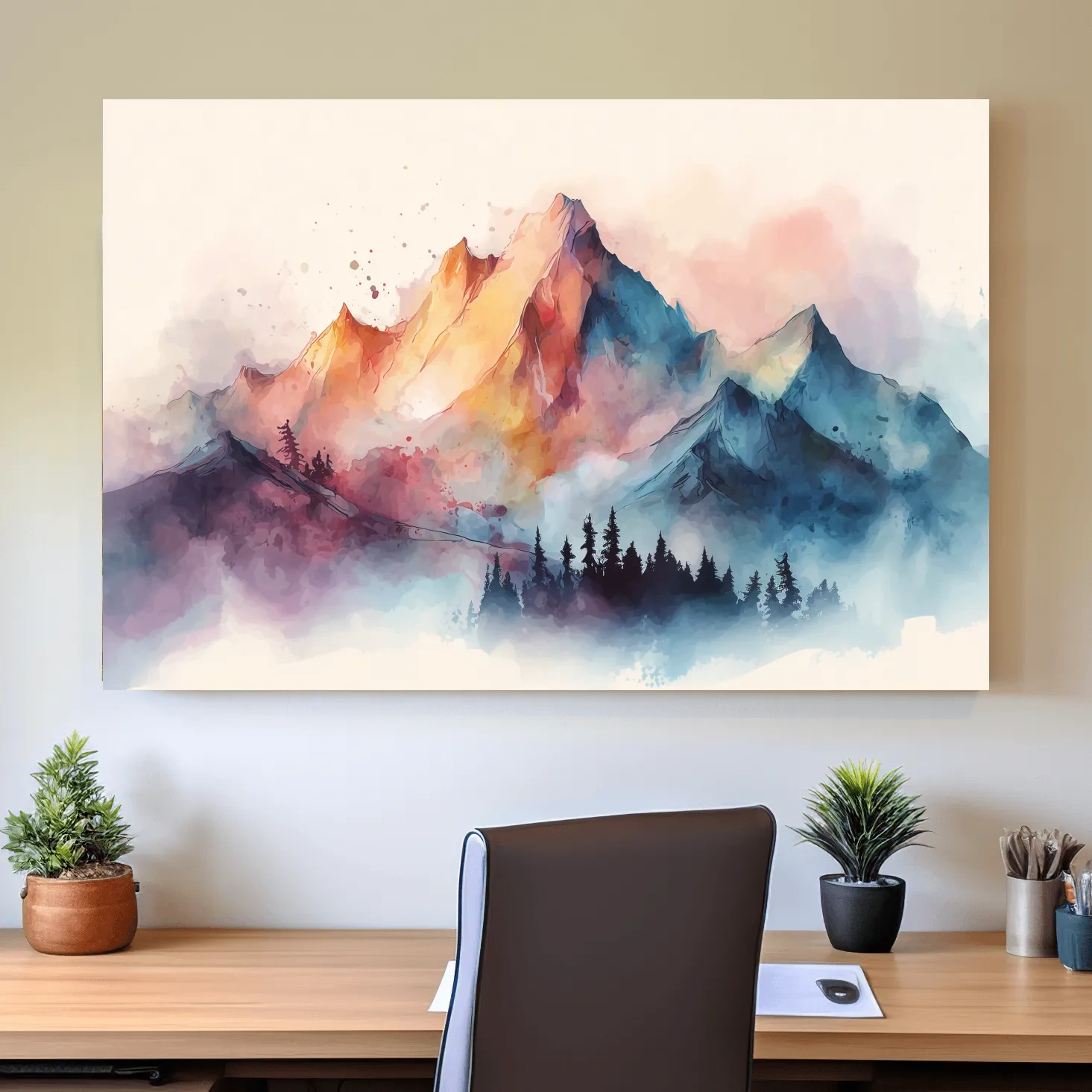 Vibrant Watercolor Mountain Peaks - Colorful Misty Alpine Forest Wall Art