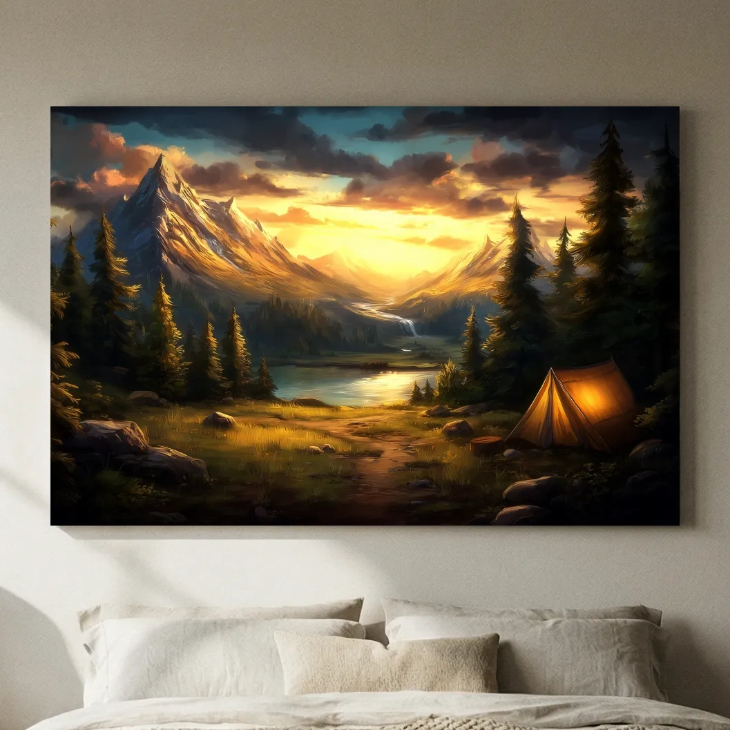 Golden Sunset Alpine Camping Scene Impressionist Painting - Scenic Mountain Wall Art