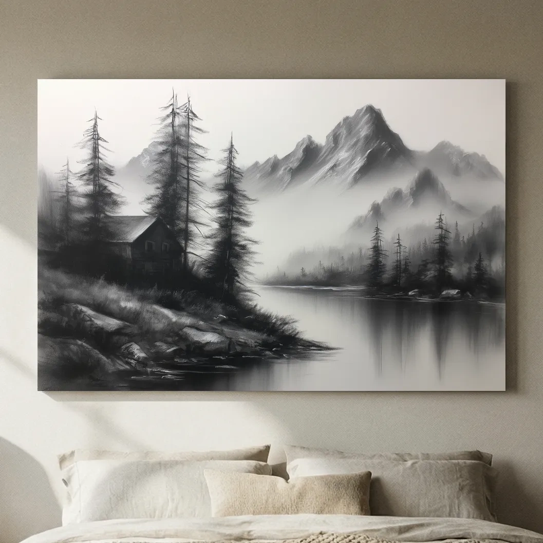 Moody Monochrome Alpine Lake Cabin - Charcoal Mountain Sketch Style Wall Art