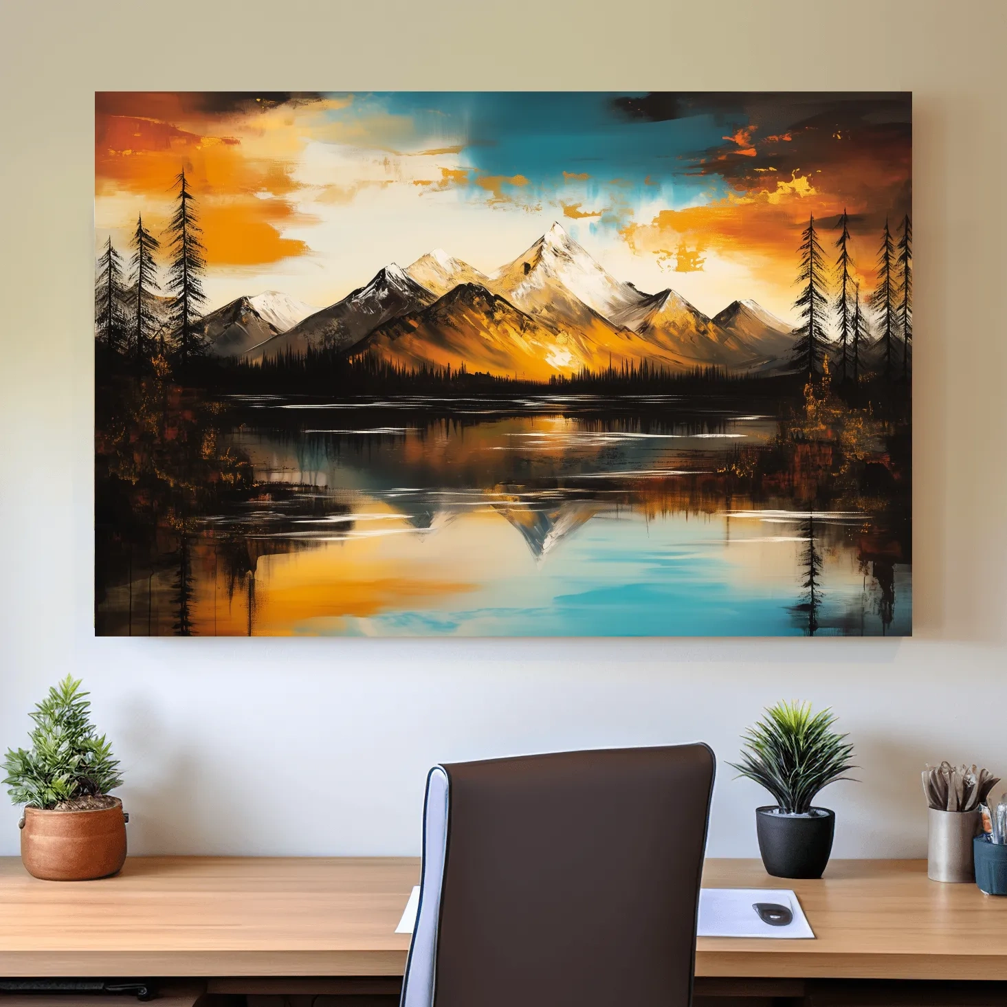 Alpine Mountain Sunset Oil Painting - Textured Abstract Landscape Wall Art
