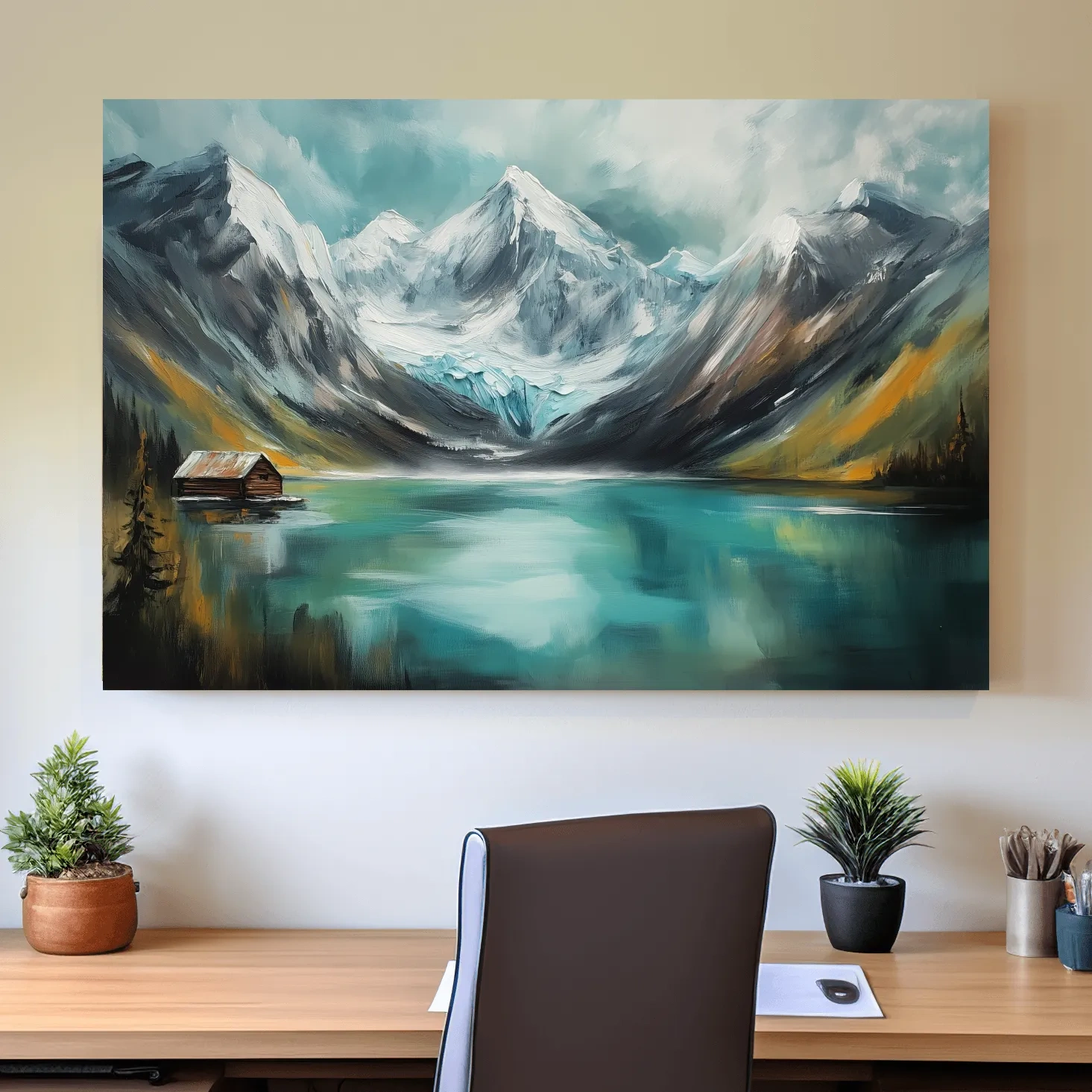 Turquoise Alpine Lake Cabin Painting - Snowy Mountain Landscape Wall Art