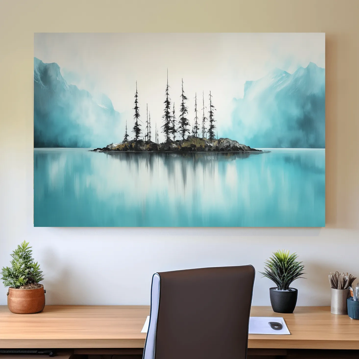 Misty Turquoise Mountain Lake Reflection - Minimalist Watercolor Landscape Wall Art